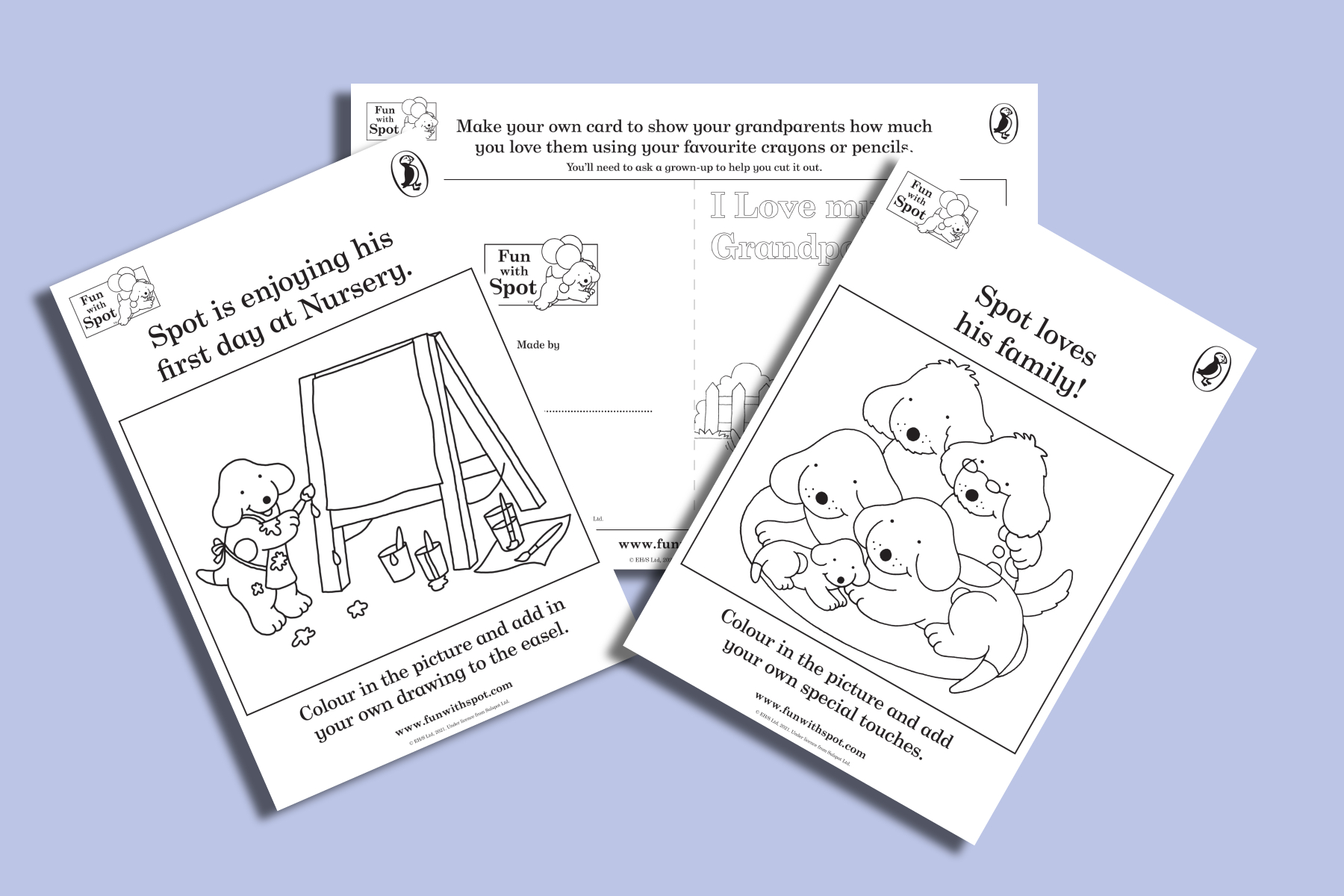 A photo of three Spot the dog activity sheets, side by side, on a periwinkle coloured background