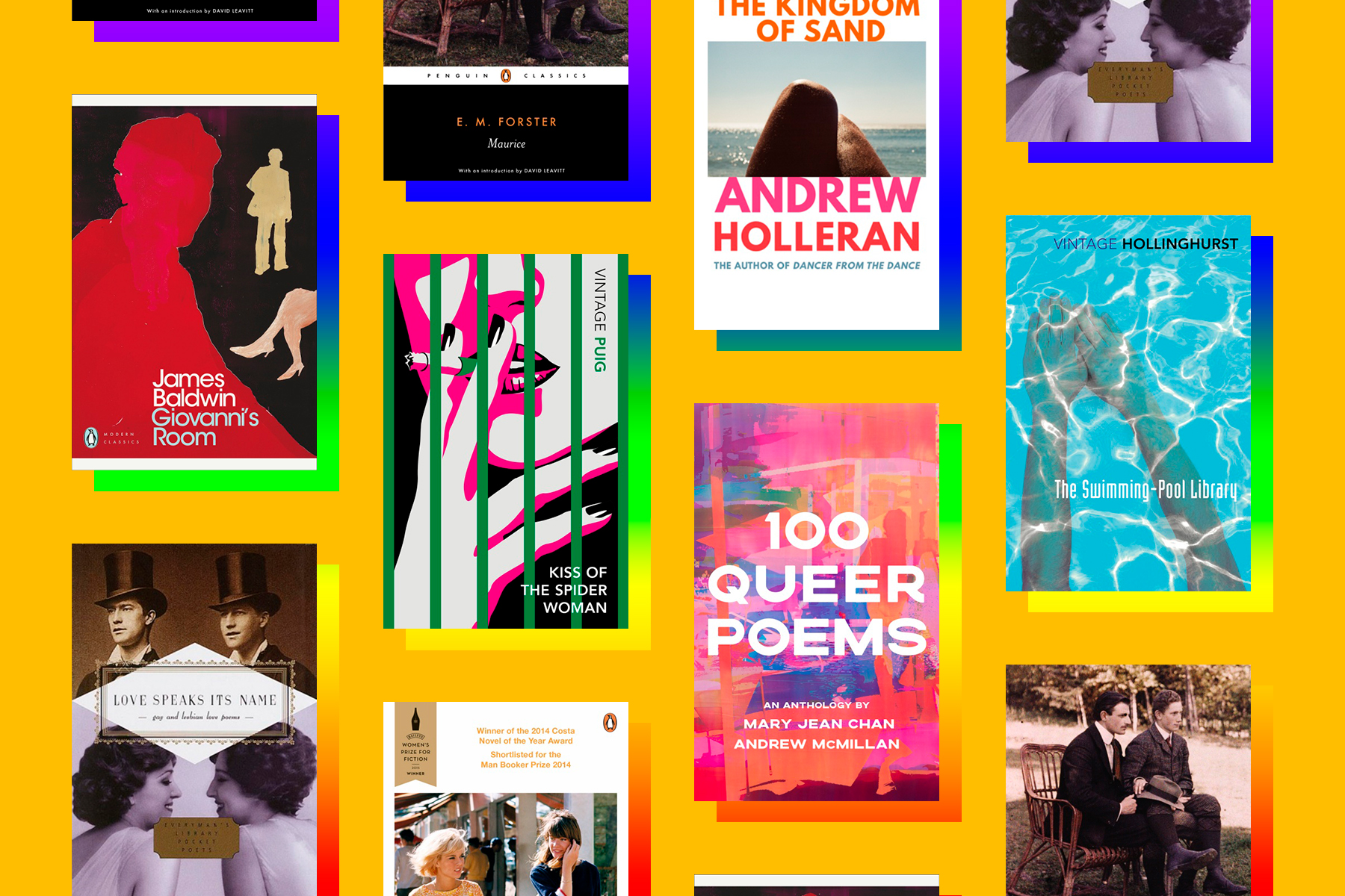 A host of LGBTQ+ classic titles, including books by Ali Smith, James Baldwin and E. M. Forster, laid over a yellow background.