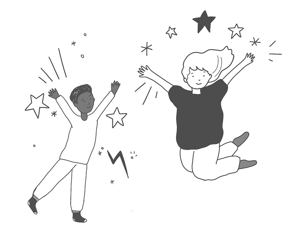 An illustration from Body Happy Kids of two children jumping in the air surrounded by stars and small lightning bolts