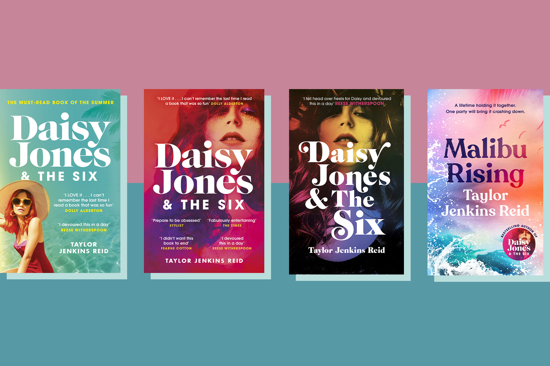 The three covers of Daisy Jones & the Six next to Malibu Rising