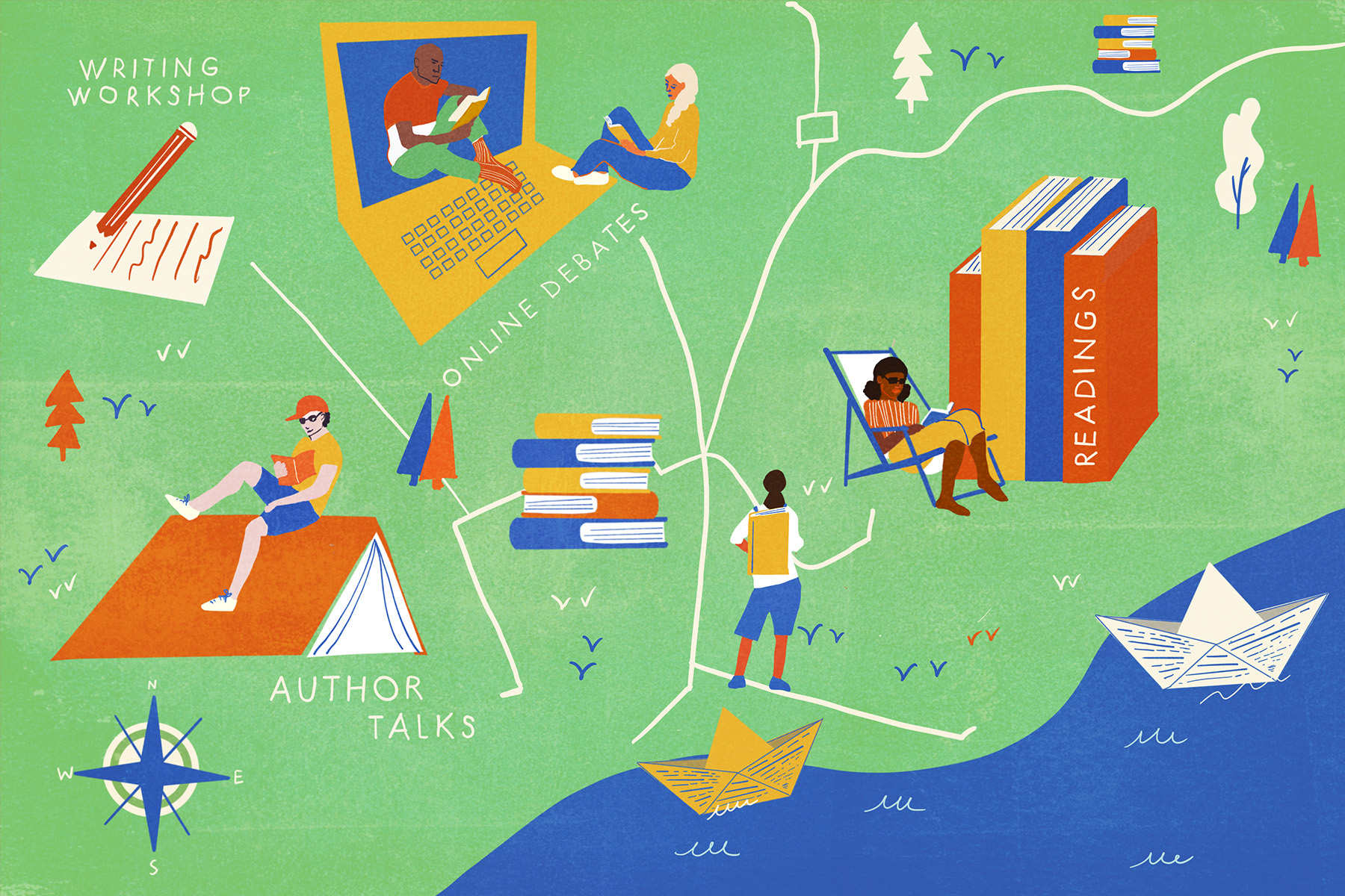 An illustration of a map representing images of readers and books