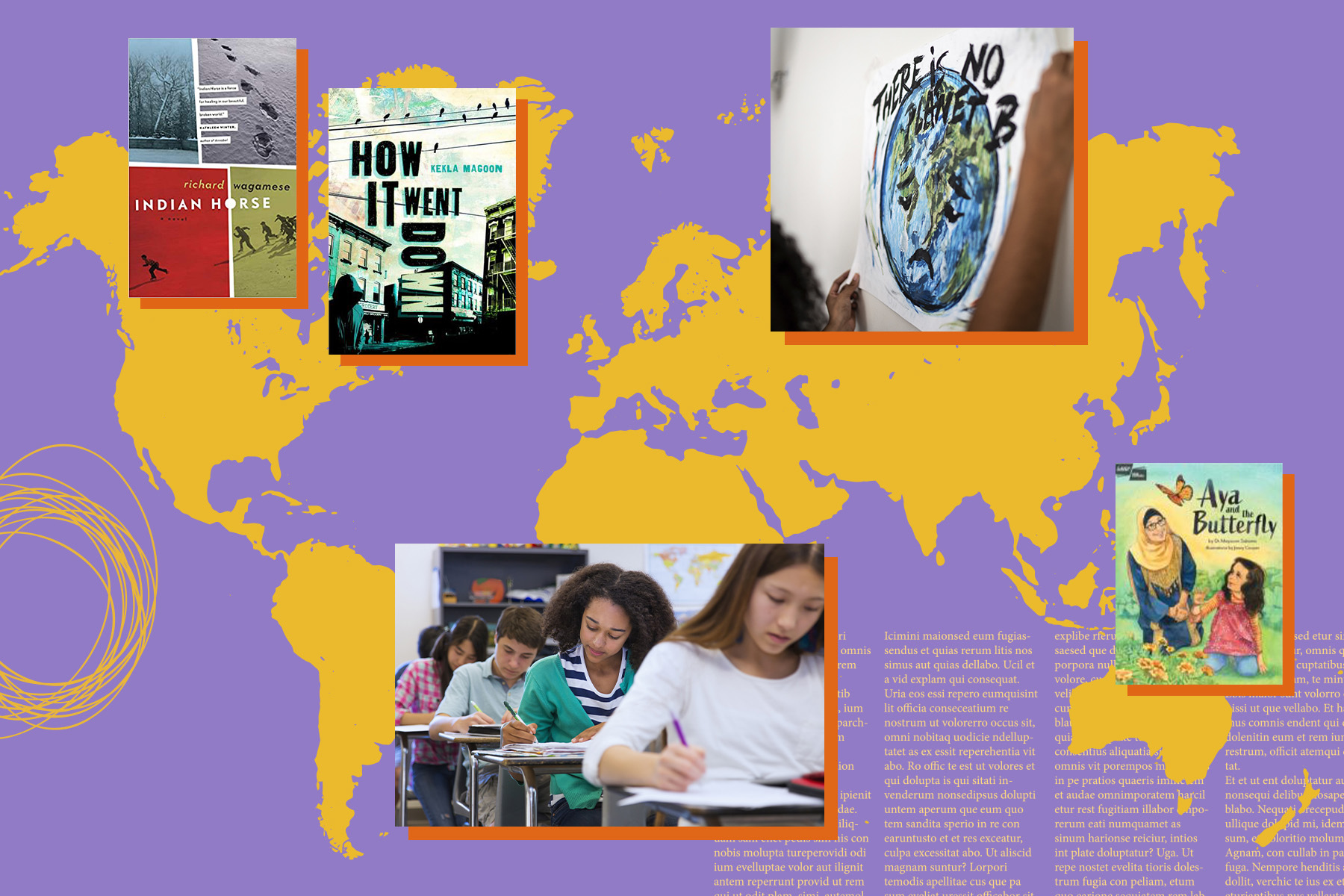 A yellow map of the world on a purple background with photographs of children studying