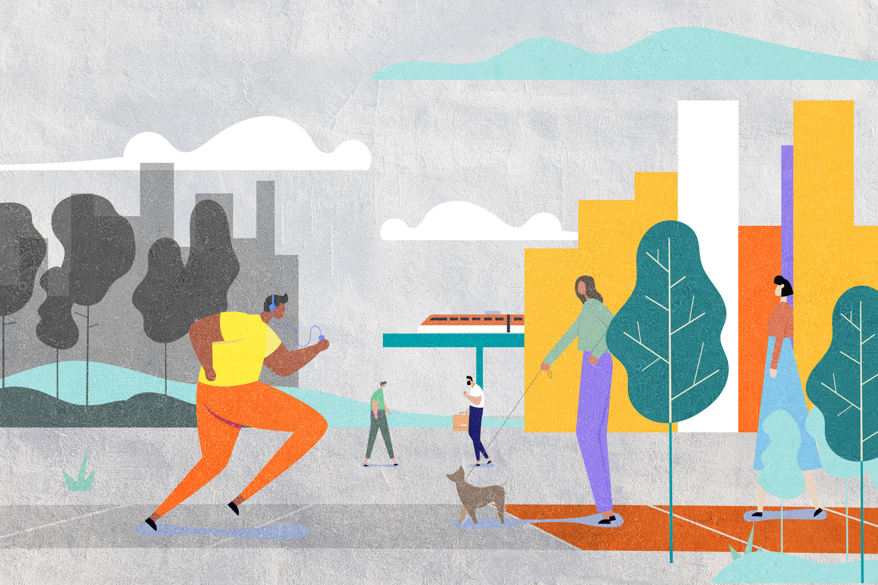 An illustration of cartoon people returning to their daily business: walking the dog, jogging, shopping, partly in colour and partly in grayscale.