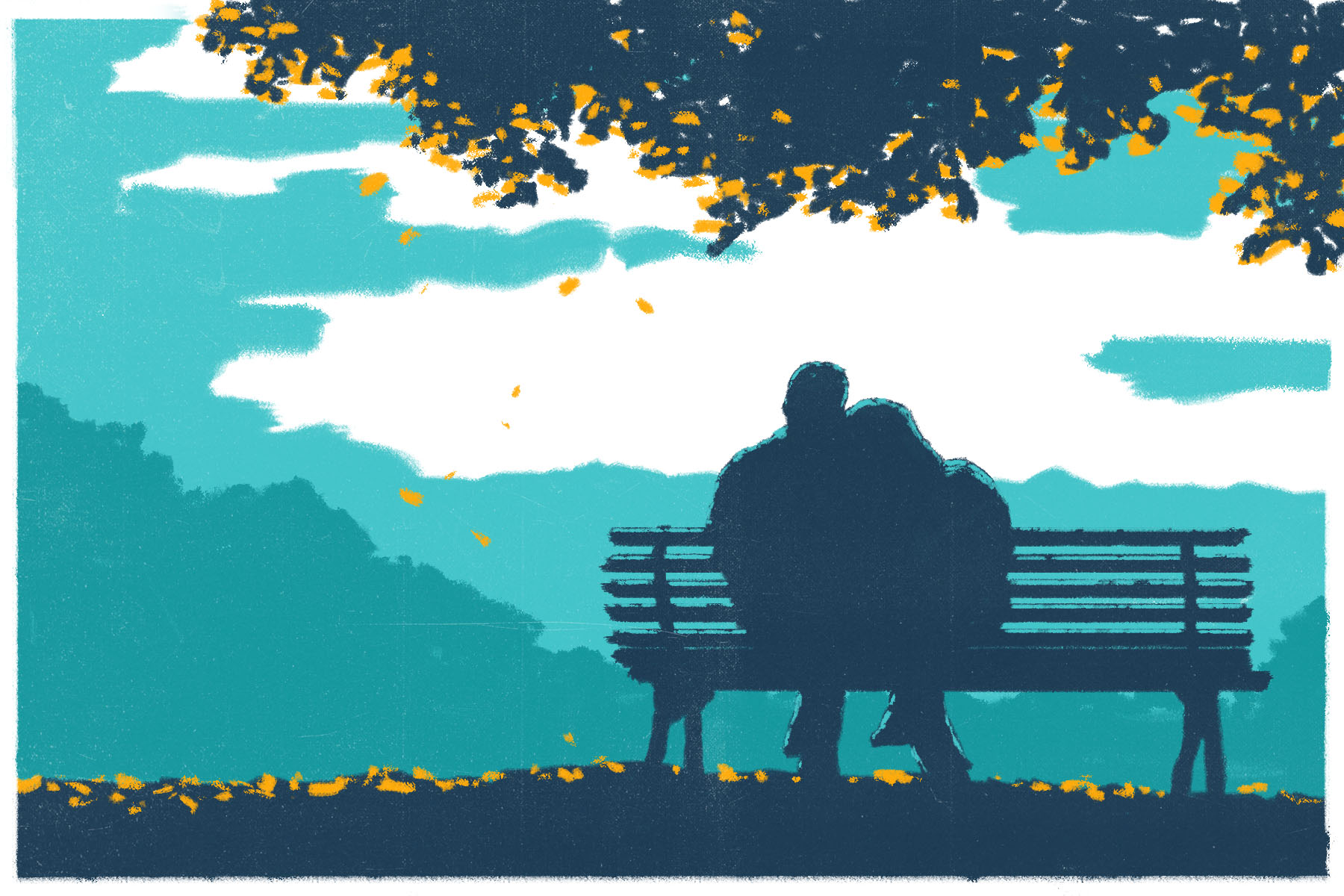 An illustration of a couple sitting on a bench against a background of blue and white clouds