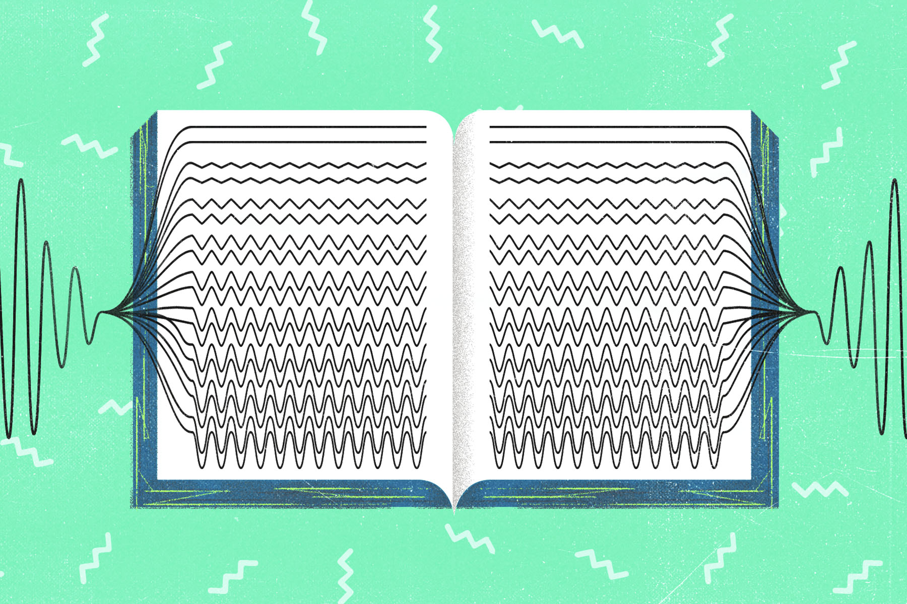 An illustration of a book with wavelengths drawn on its pages against a green background with white squiggles