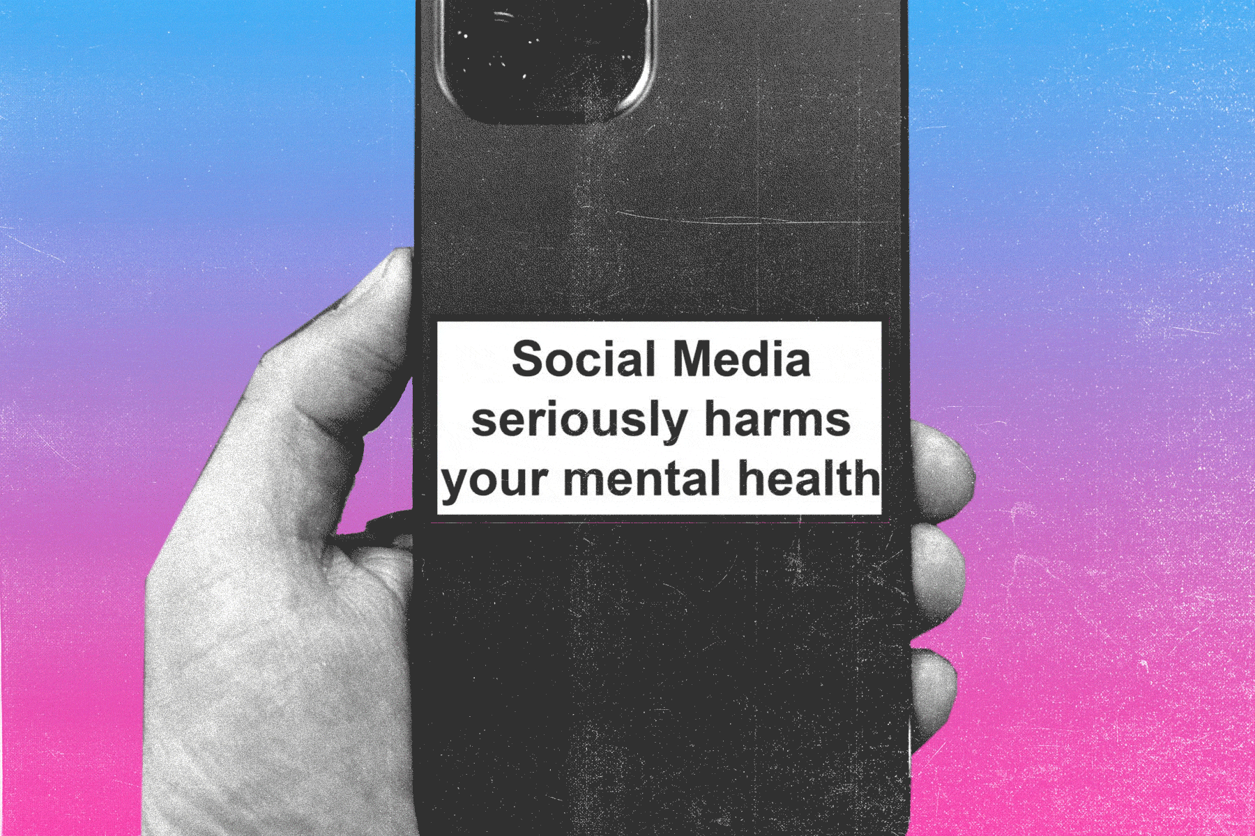 A gif of a hand ripping a sticker that reads 'Social media seriously harms your mental health' off of a mobile phone