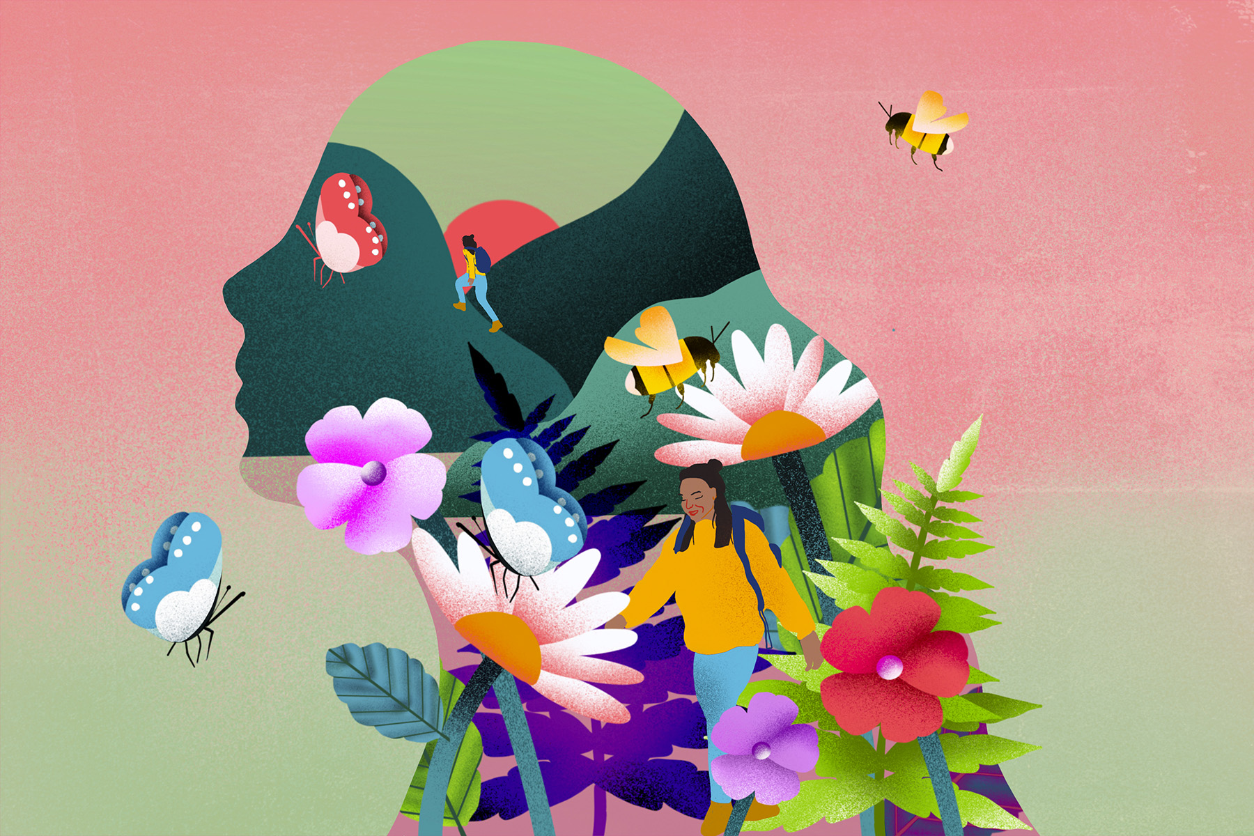 an illustration of a woman's silhouette filled with flowers and butterflies