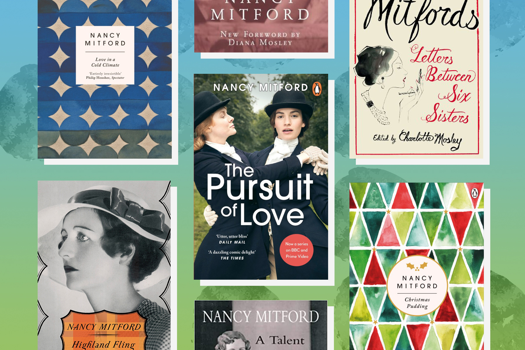 A flatlay of some of Nancy Mitford's most notable works. 