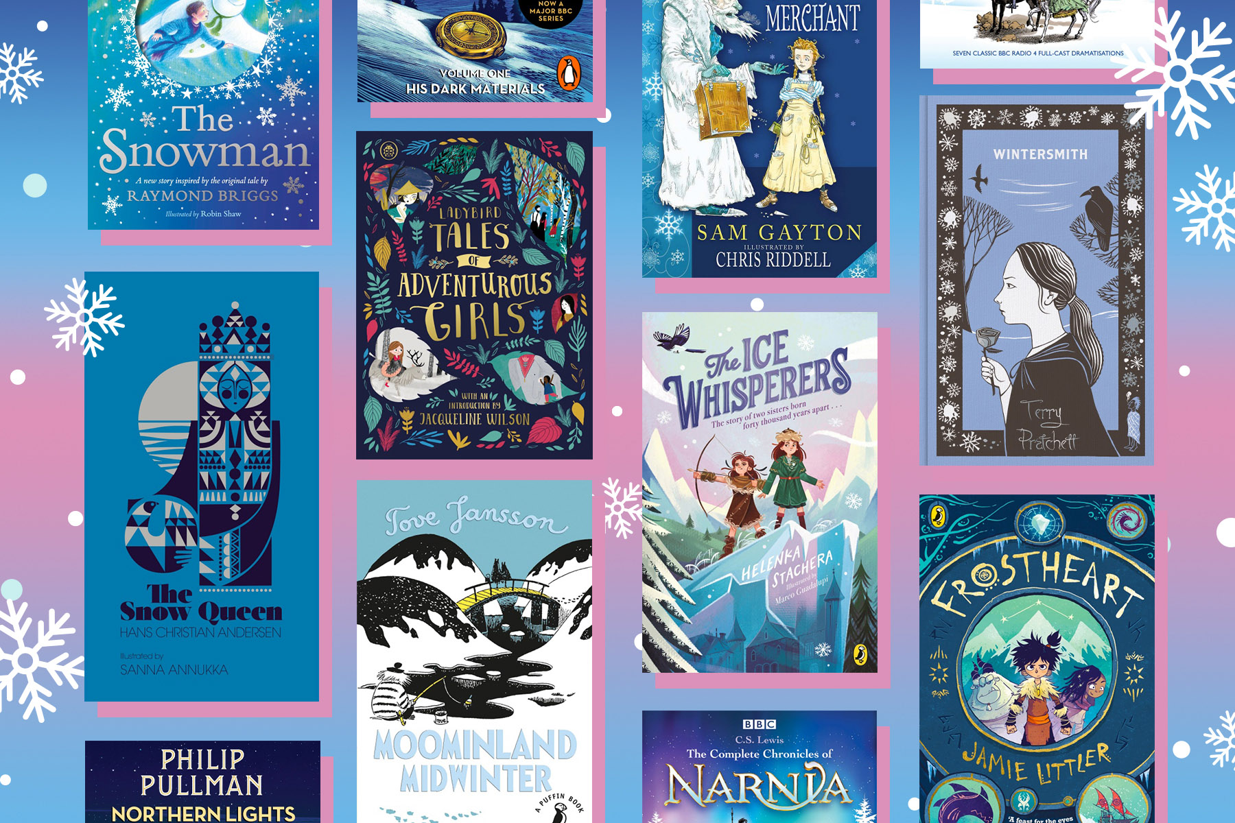 A picture of several children's books that are perfect for fans of Disney's Frozen on a pink and blue ombre background with snowflakes