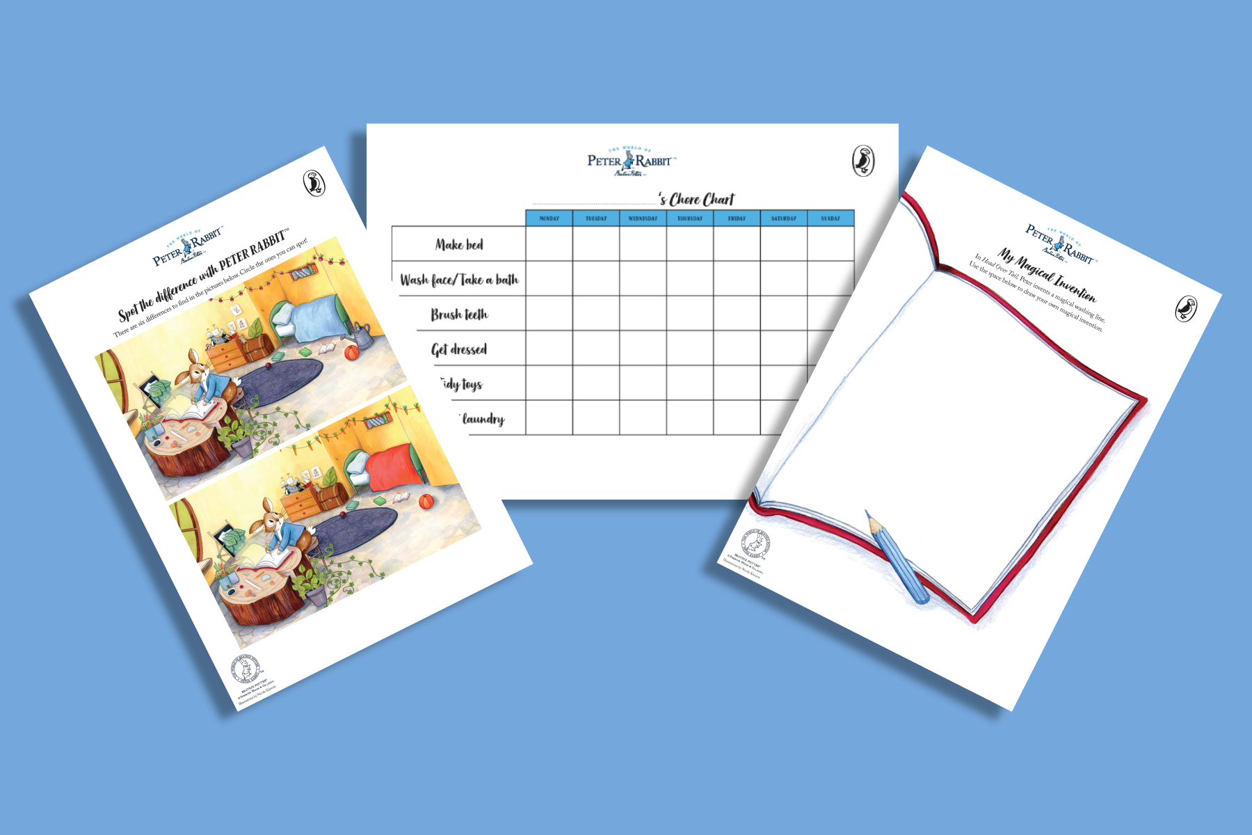 A picture of three activity sheets inspired by the Peter Rabbit: Head Over Tail book on a periwinkle blue background