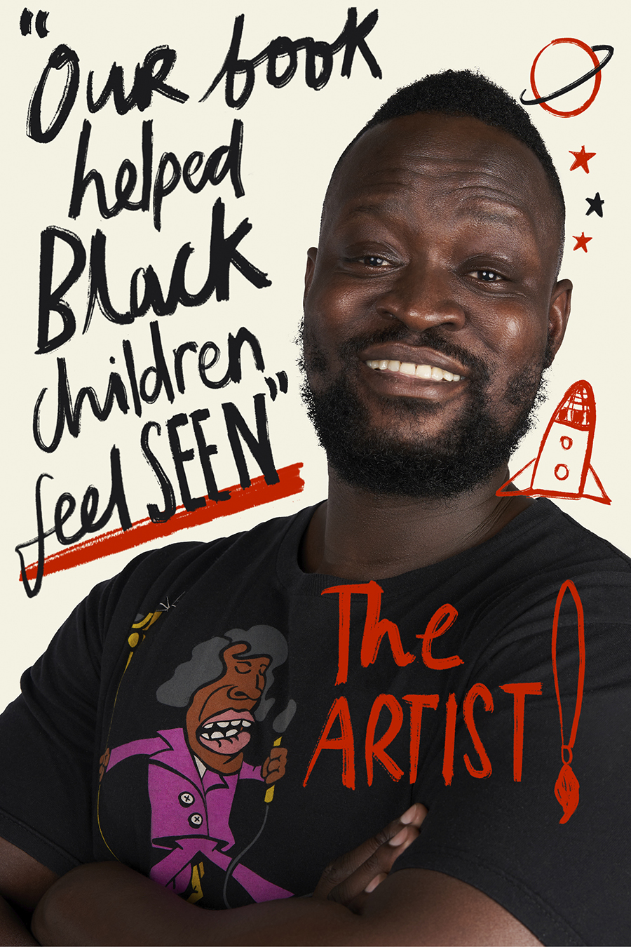A photograph head-and-shoulders portrait of Dapo Adeola with 'Our book helped Black children feel seen' written around