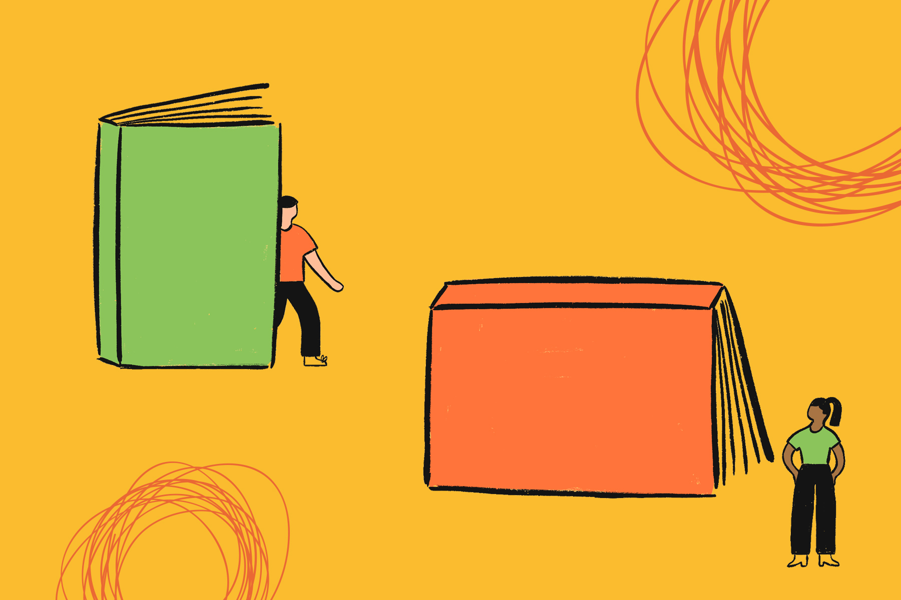 Illustration of two people walking out of giant books, looking at one another with illustrated doodles.