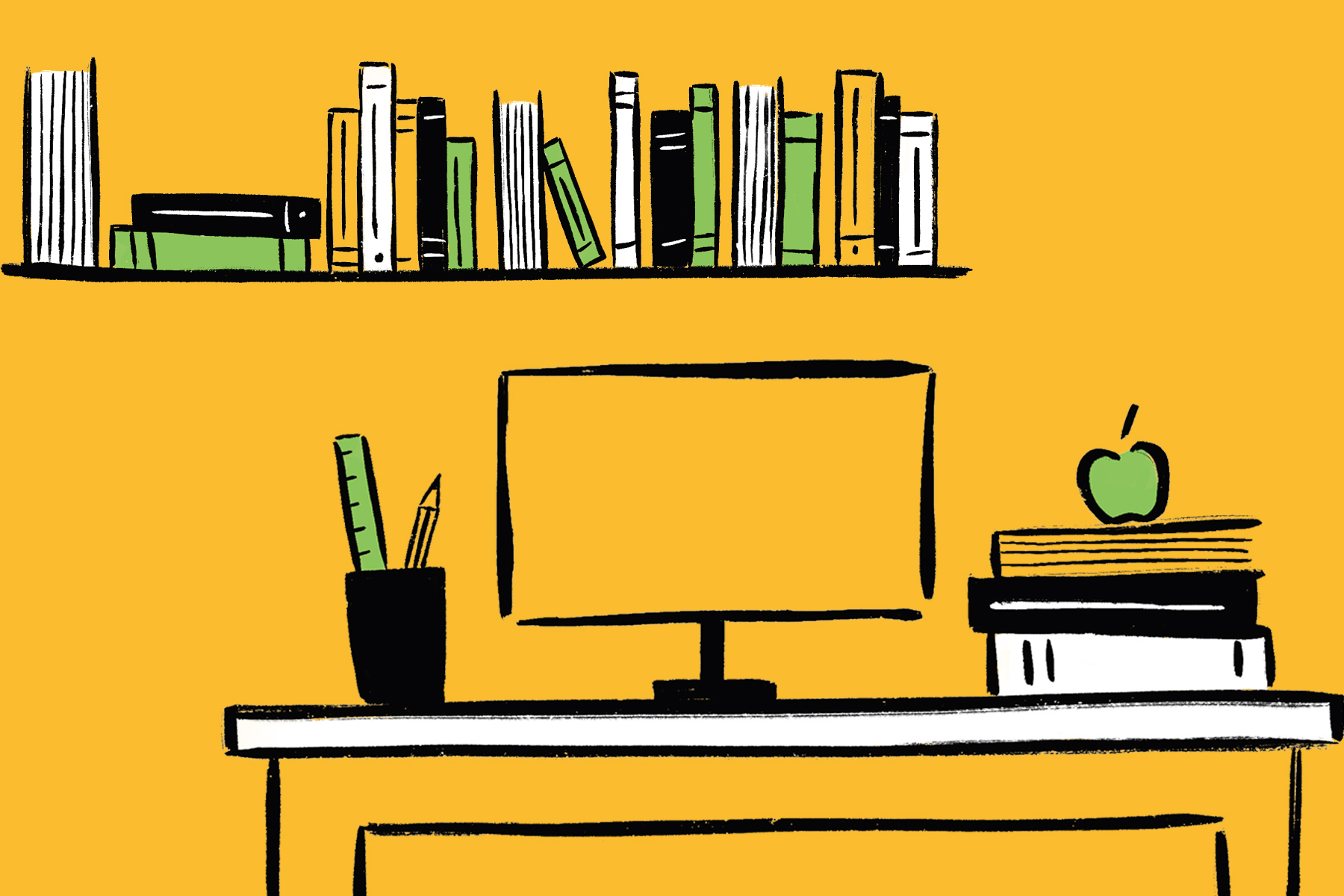 An illustration of a teacher's desk with computer, shelf of books and pot of pencils.