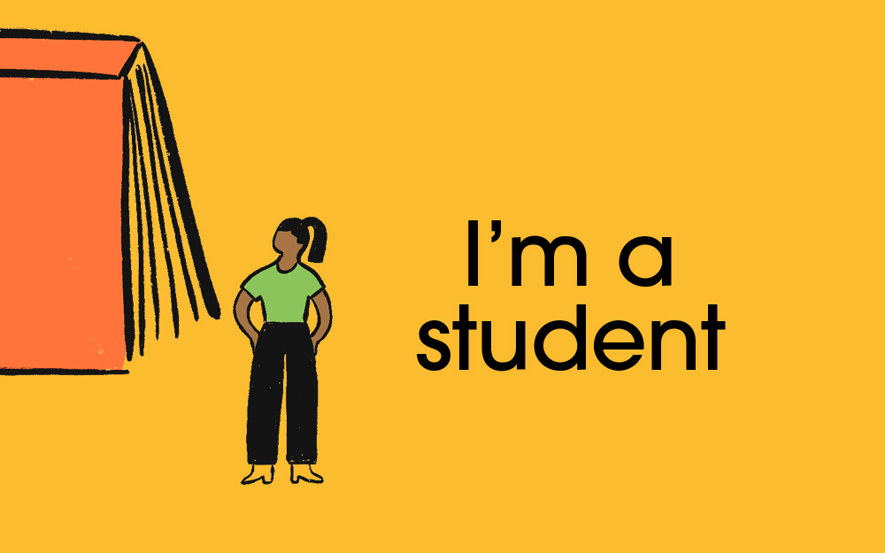 'I'm a student' text, with illustration of young person