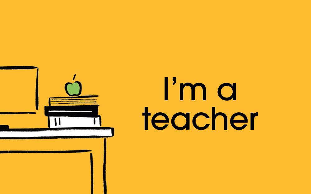 'I'm a teacher' text, with illustration of books and an apple