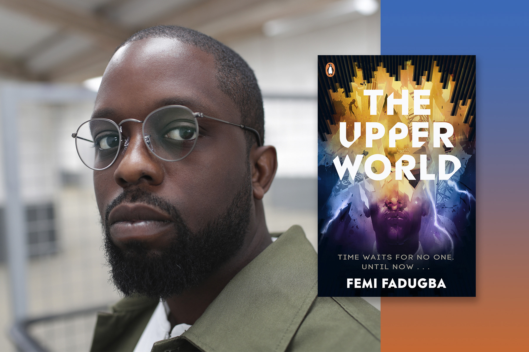 A photograph of Femi Fadugba next to his debut novel, The Upper World