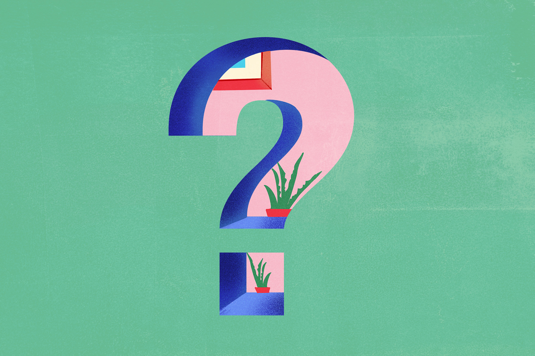 An illustration of a pink question mark on an aqua green background, inside which one can see a living room with houseplants.