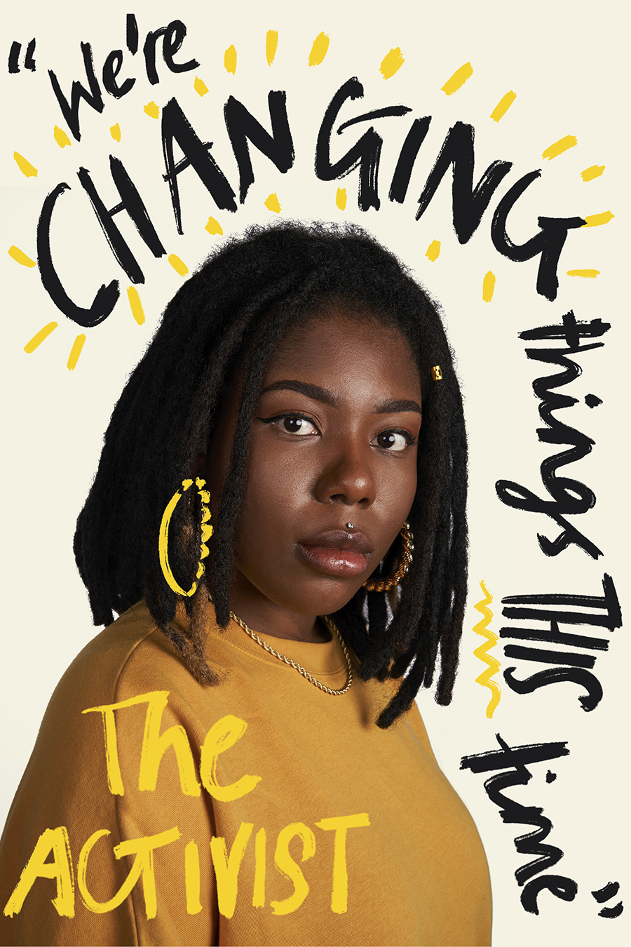 A photograph head-and-shoulders portrait of Maja Antoine-Onikoyi with 'we're changing things this time' written around