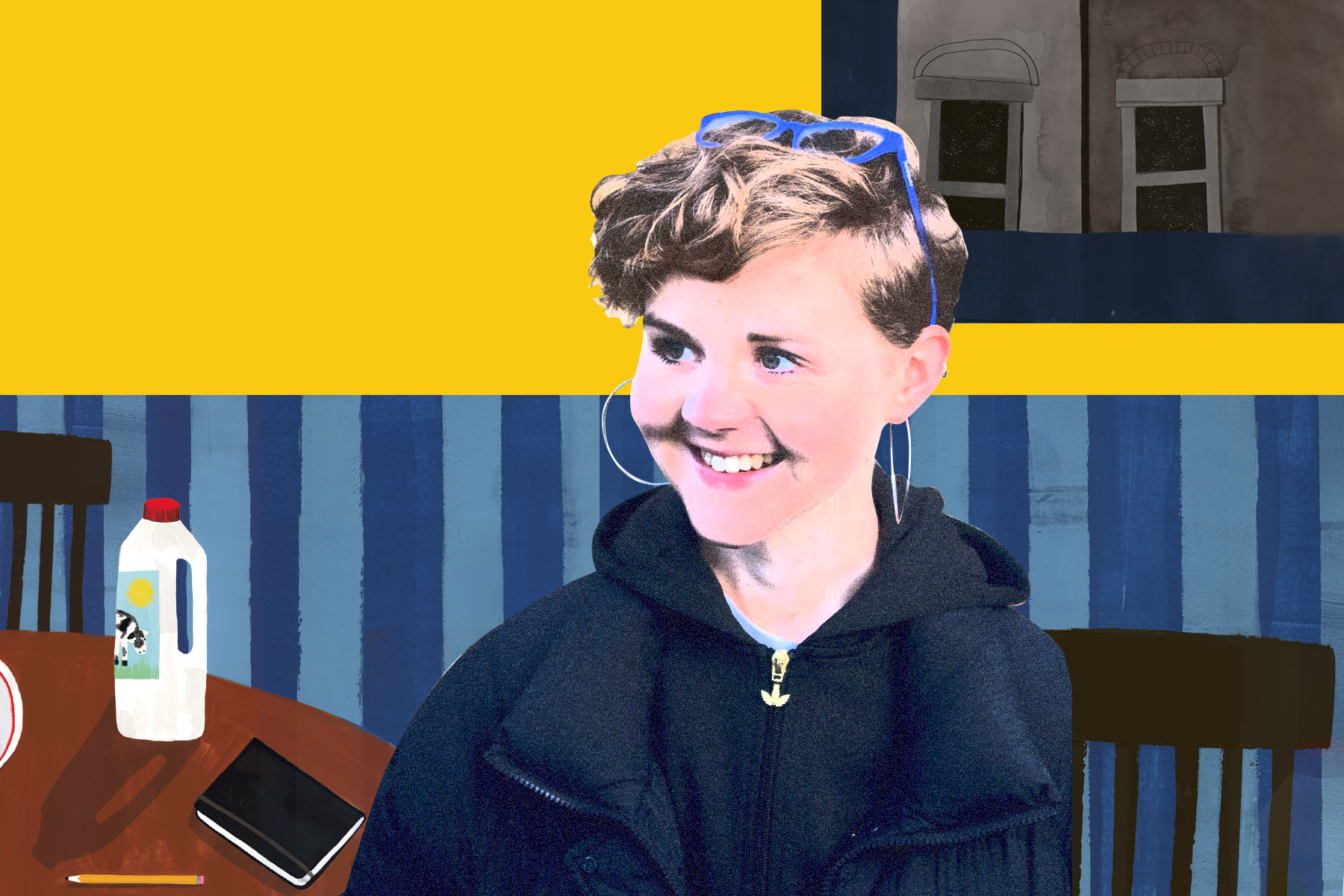 Stylised headshot of Anna Glendenning, superimposed into the bright collage-style kitchen scene from the jacket of An Experiment in Leisure.