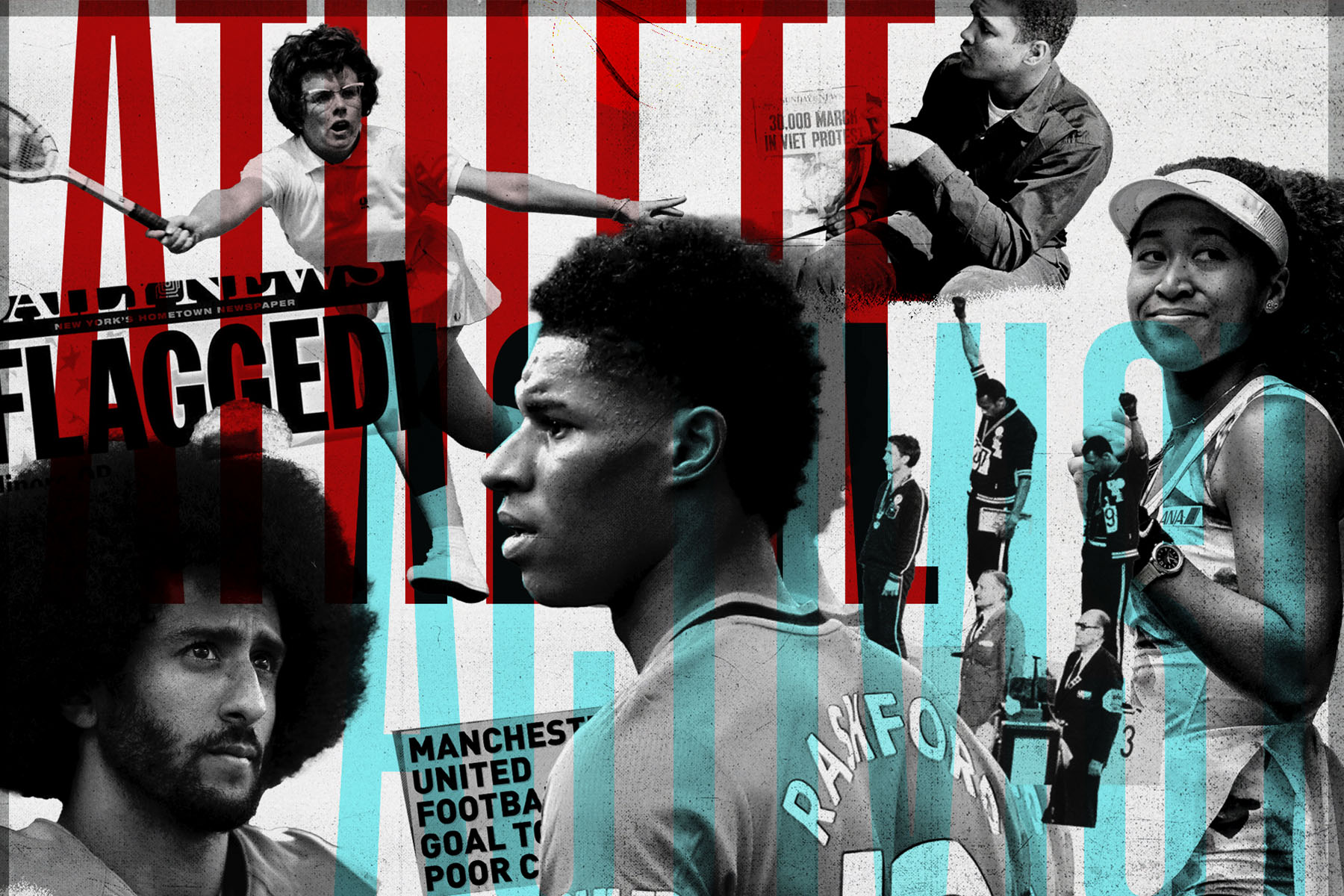 A photo collage of athlete-activists like Marcus Rashford, Colin Kaepernick, Billie Jean King, and Muhammad Ali, all in black and white with turquoise and red flourishes surrounding them.