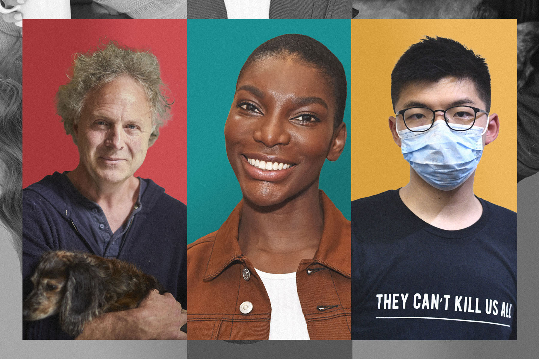 Three portraits of Charlie Mackesy, Michaela Coel and Joshua Wong side-by-side on different coloured backgrounds