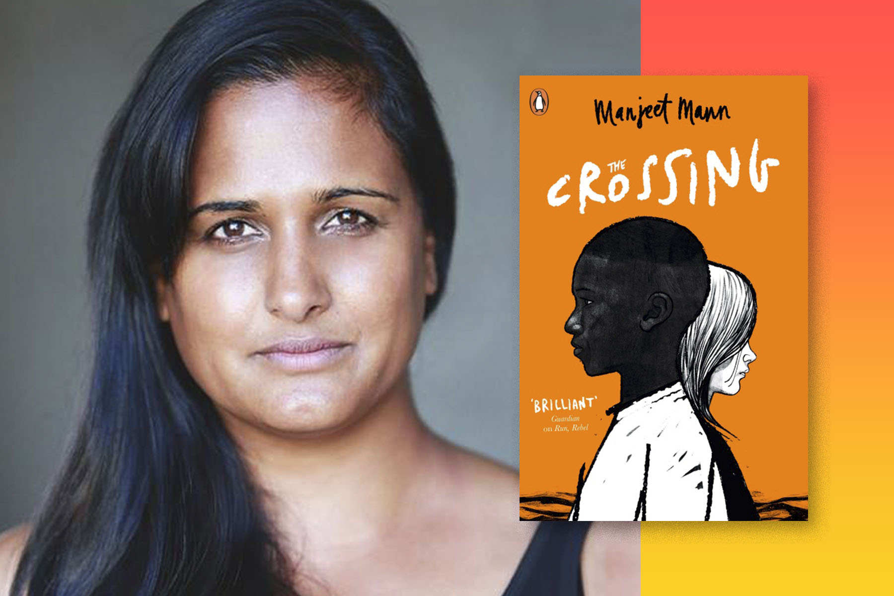 A photo of author Manjeet Mann on a grey background, with her book The Crossing overlaid next to her on a fluorescent red and yellow gradient.
