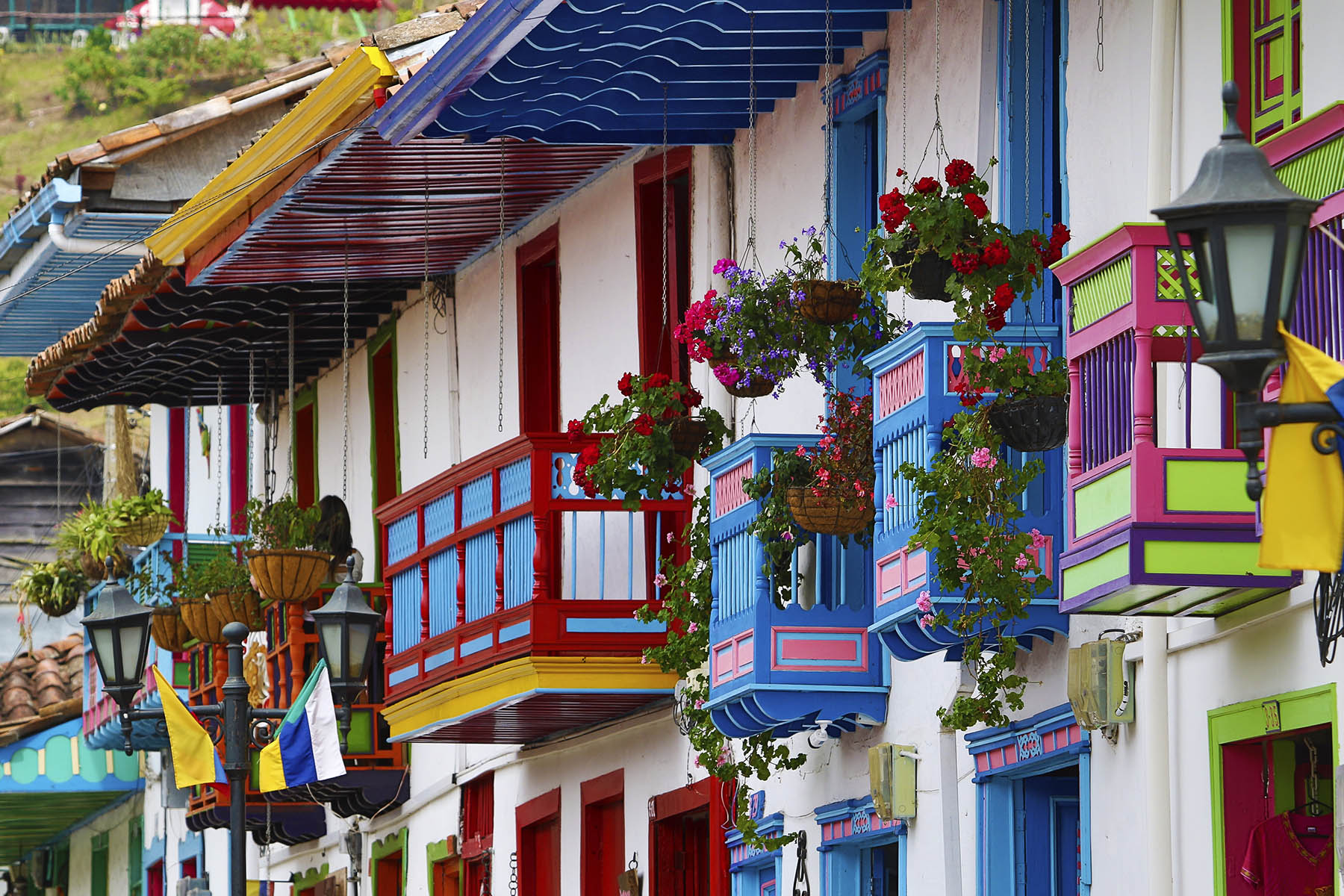 A photo of a row of homes in Colombia, with flowers on the colourful balconies.