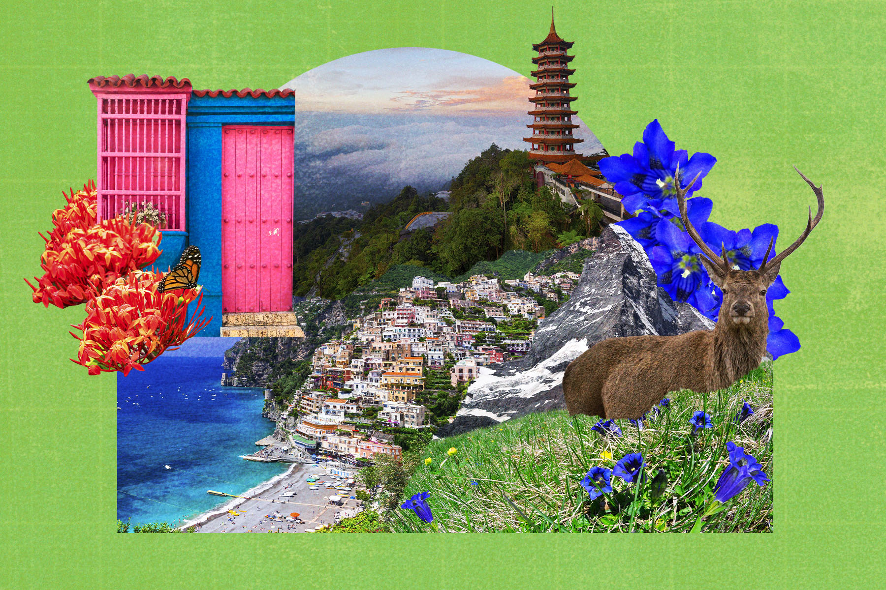 A colourful photo collage of scenes from Malaysia, the French Riviera and more, all set against a green background.