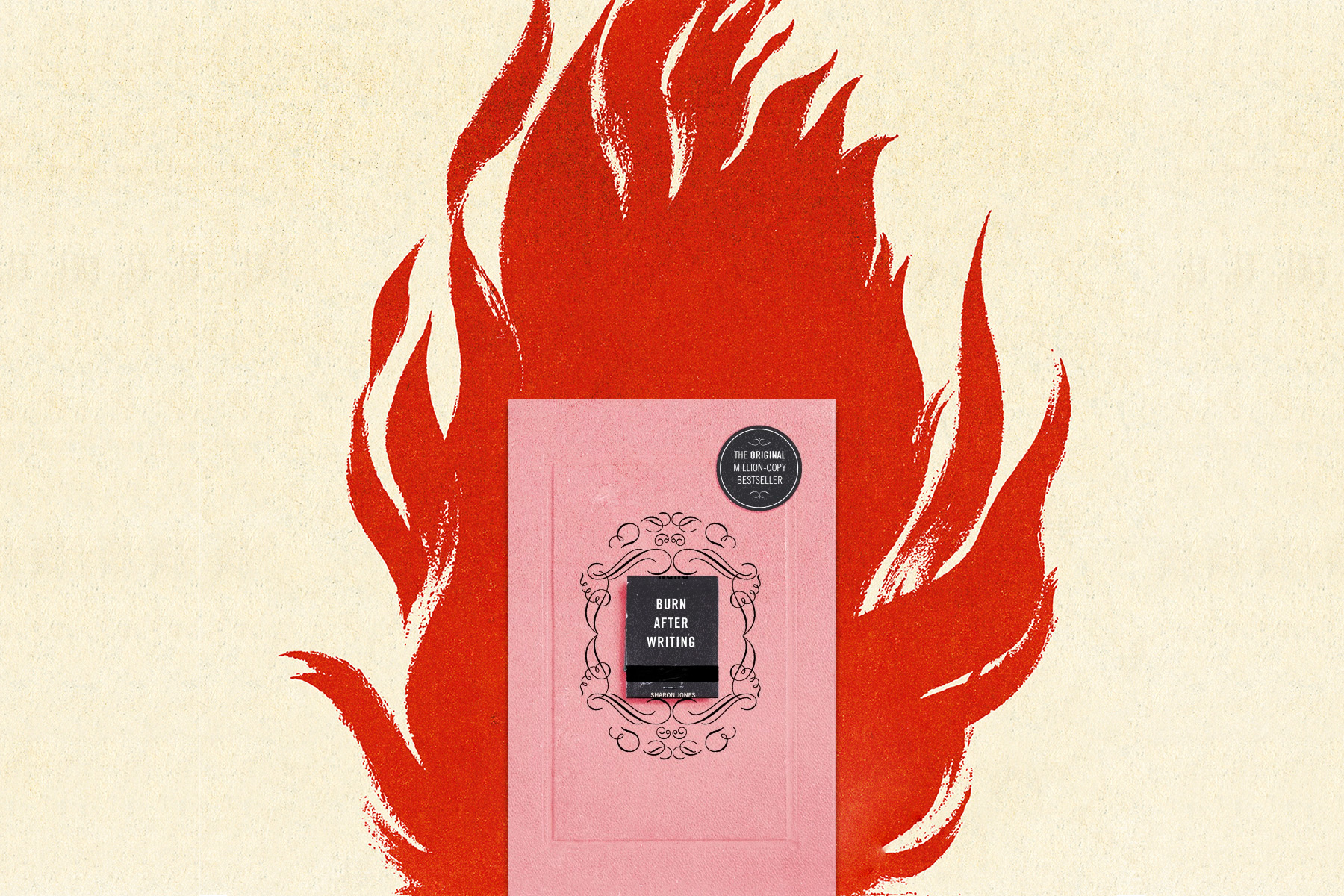 A stylised image of the personal journal Burn After Writing on a fiery red background.