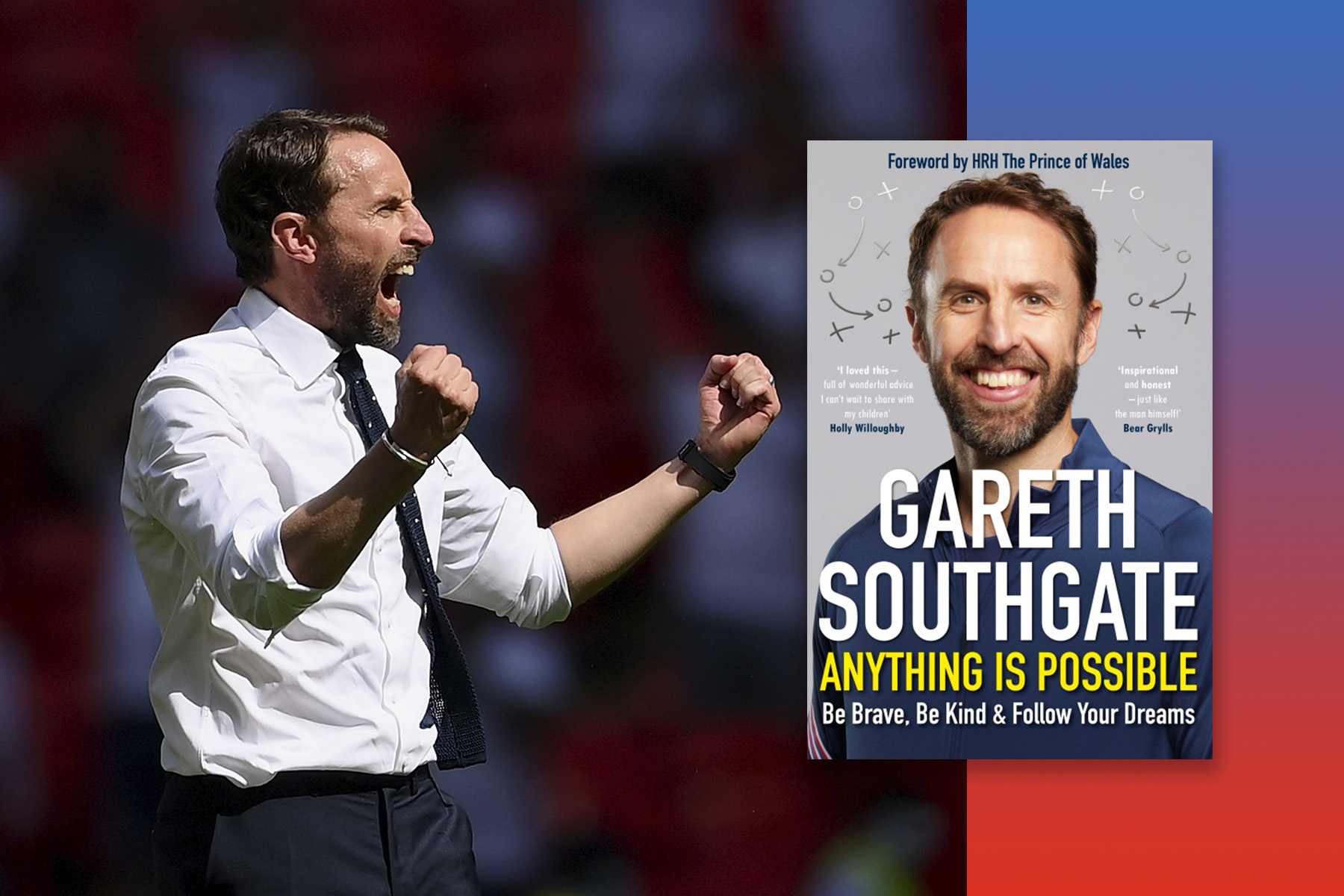 The book Anything Is Possible by Gareth Southgate on an ombre blue-to-red background, next to a photo of Southgate celebrating.
