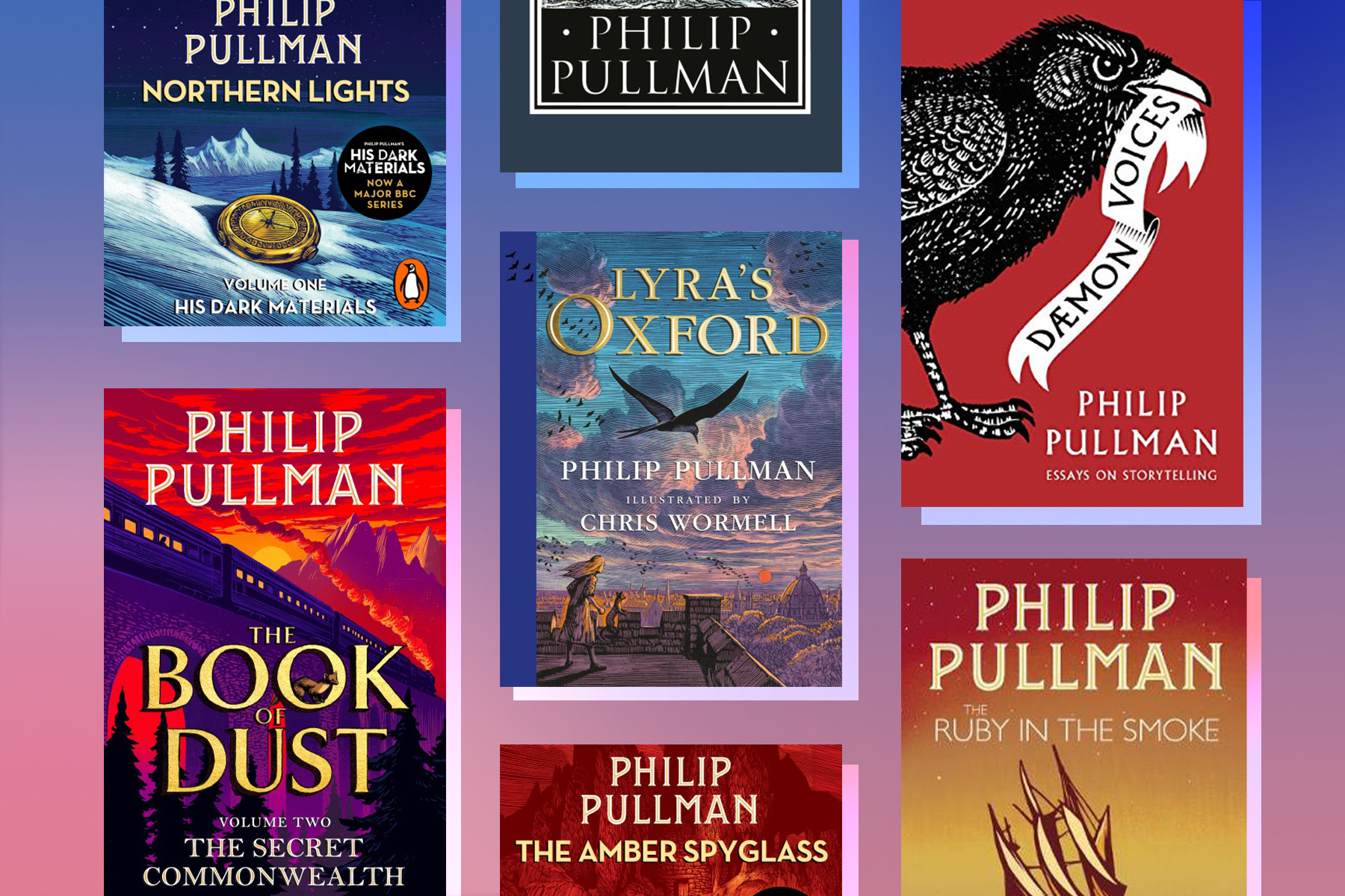 A flatlay of Philip Pullman books