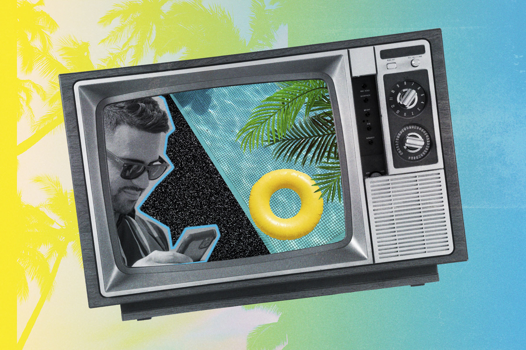 An illustration of a television on a yellow and blue background with a rubber ring and a man checking his phone