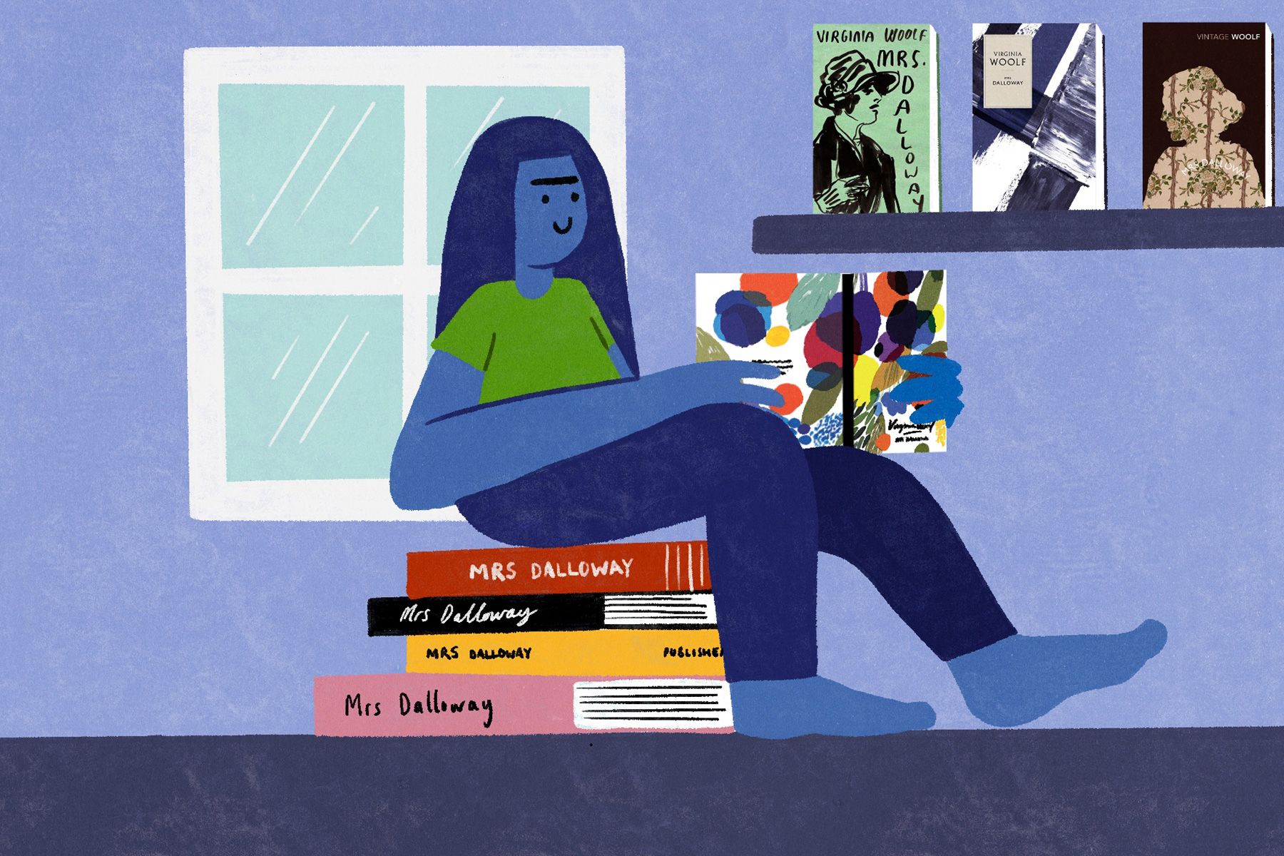 An illustration of a woman sitting on a pile of copies of Mrs Dalloway, reading Mrs Dalloway, next to a shelf of other copies of Mrs Dalloway