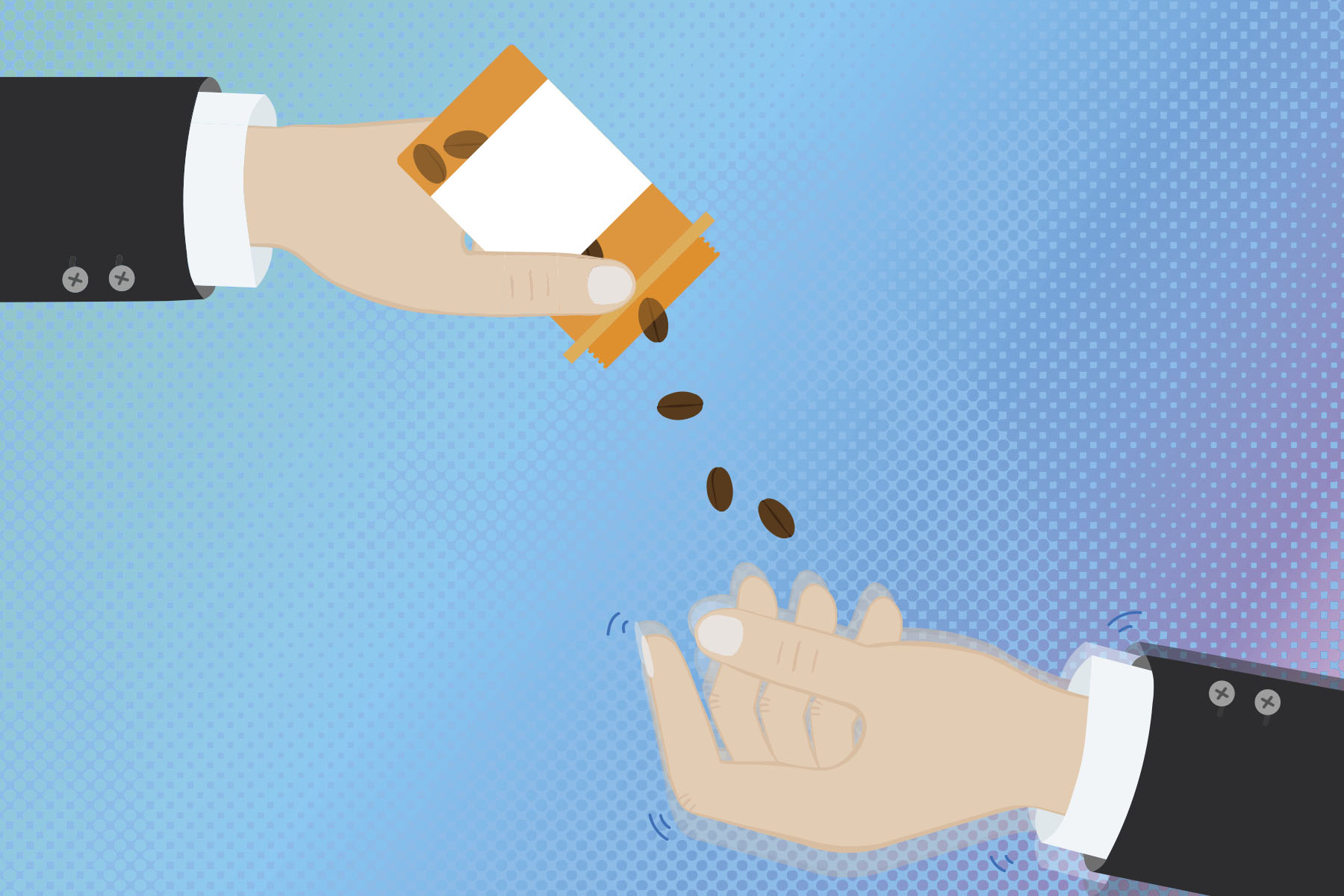 An illustration of a pill container pouring out coffee beans into a jittery hand.