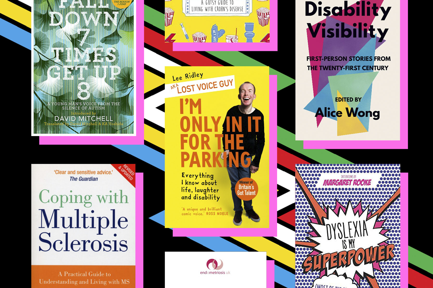 A flatlay of books about disability, on a black background with colourful zig-zags