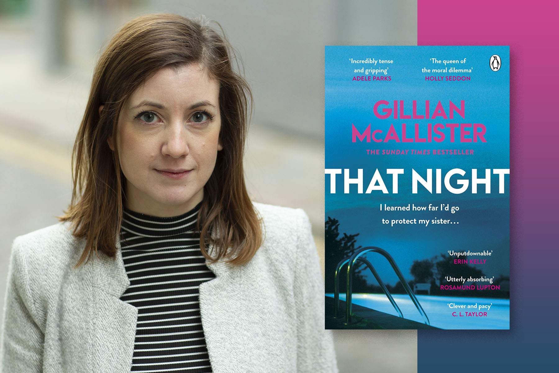 A side-by-side image of a photograph of Gillian McAllister next to the cover of her book