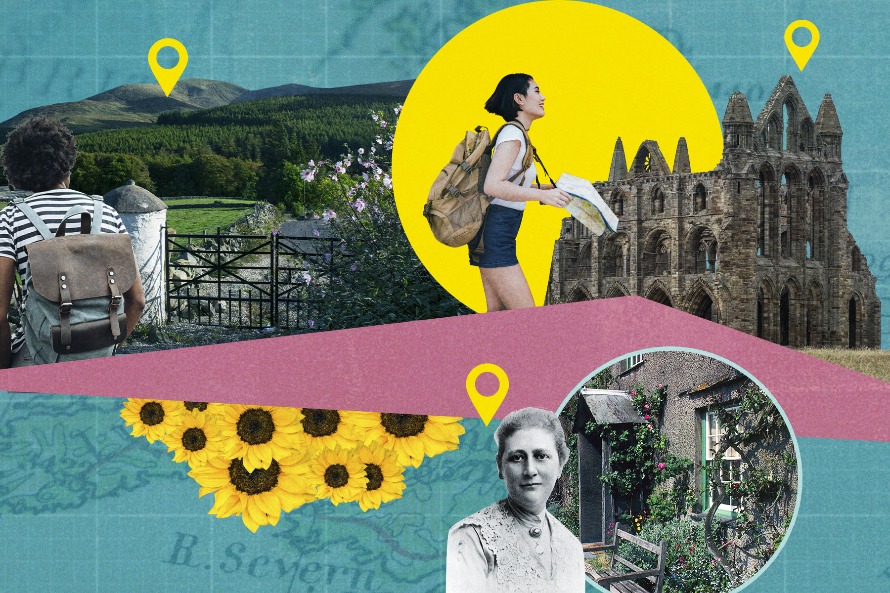 A collage on a teal background of a woman walking with a backpack and a map, Beatrix Potter's house, sunflowers and Newstead Abbey