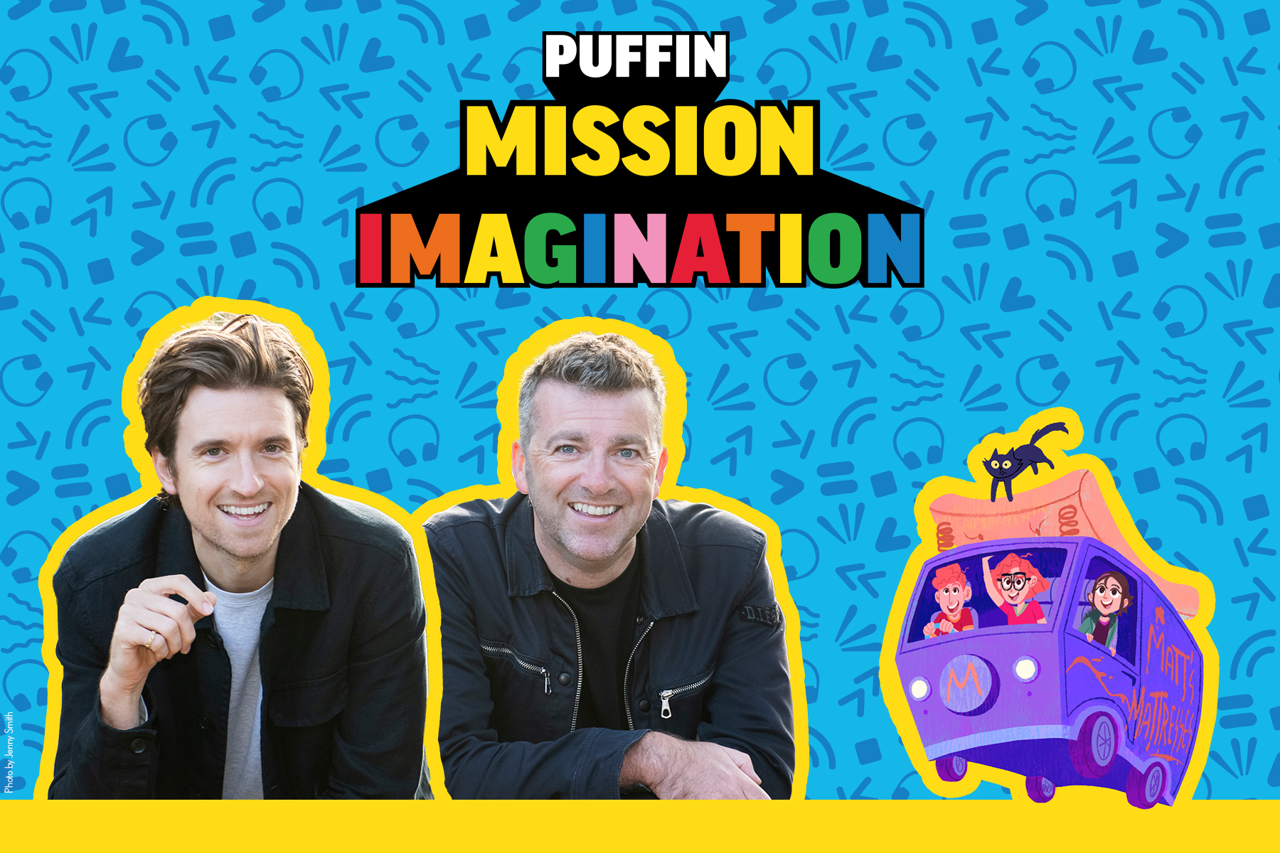 A blue image with the words 'Puffin Mission Imagination' in the centre in a bold multicoloured graphic text above an author photo of Greg James and Chris Smith