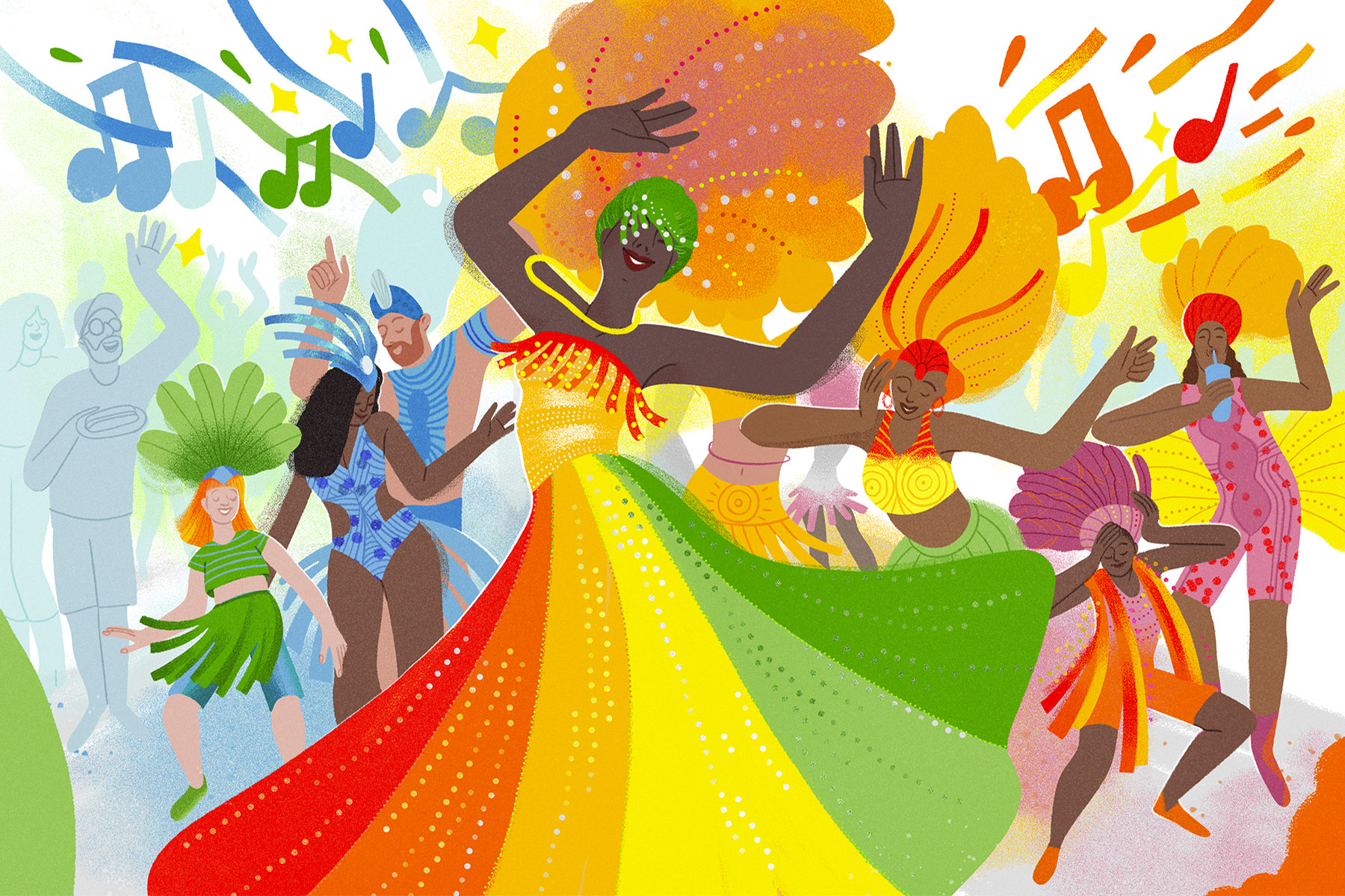 An illustration of a black woman dancing in a red, yellow, orange and green dress, with festively dressed partygoers all around her in bold colours.