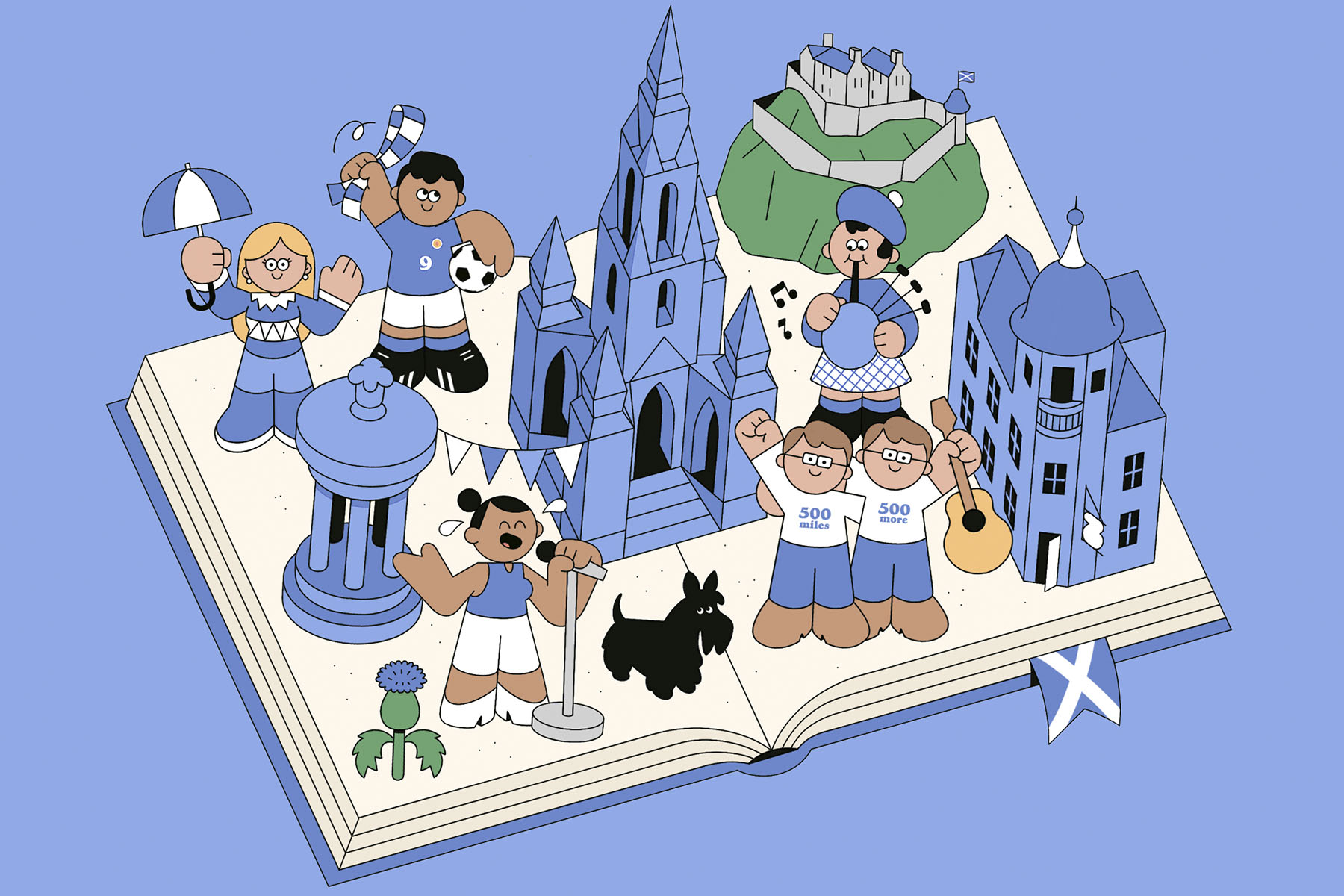 A cartoonish illustration of an open book on whose pages stand several famous Scottish landmarks, a bagpipe player, a Scottish terrier and more, all in blues and whites, like the Scottish flag.