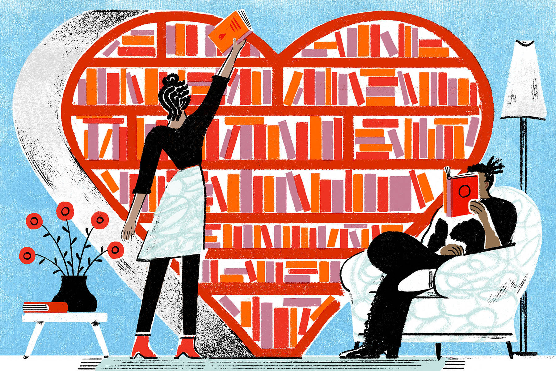 An illustration of two people by a heart-shaped bookcase reading books