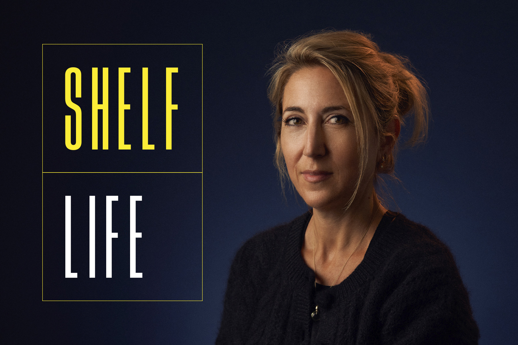 A photograph of Lisa Jewell on a midnight blue background, with the words 'Shelf Life' in white and yellow to her left.