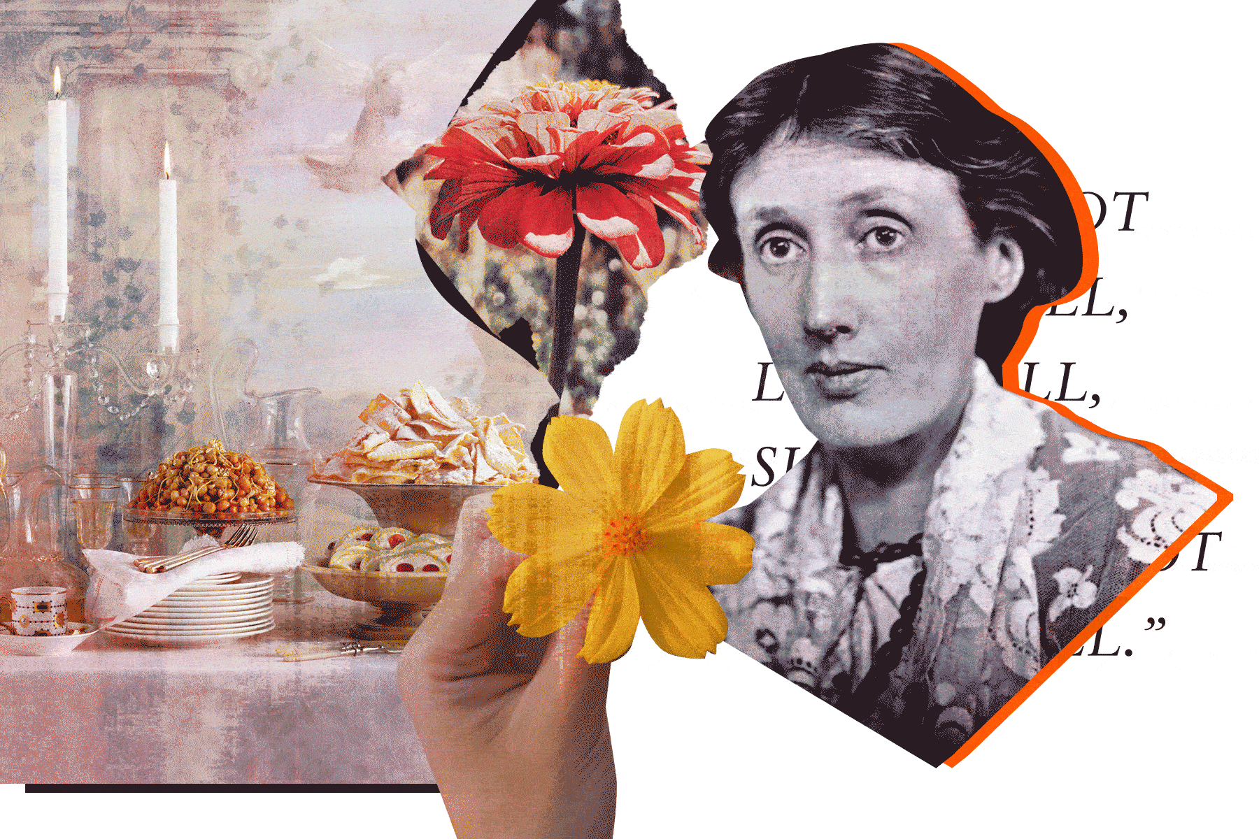 A gif of Virginia Woolf next to an image of a table laden with food