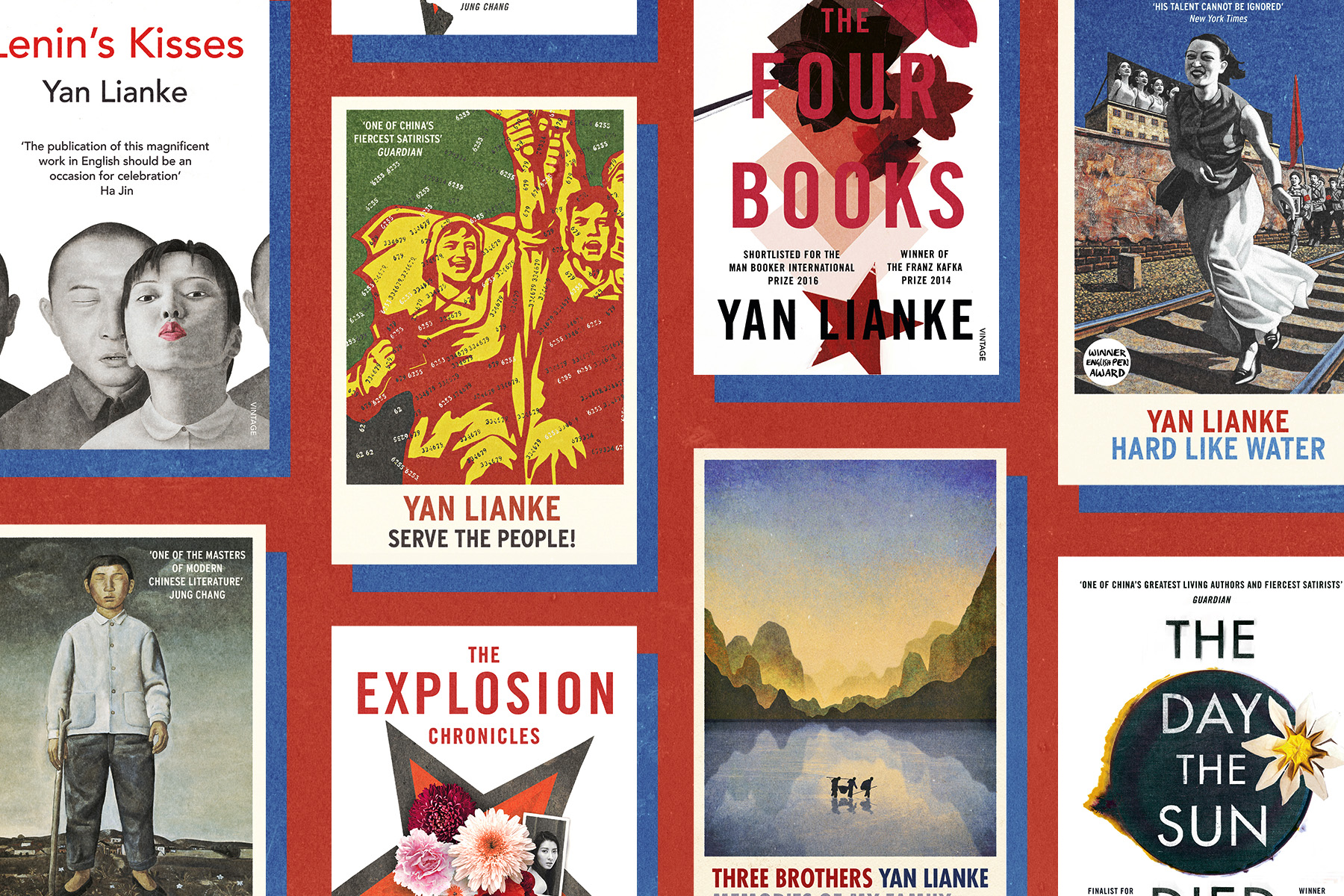 A flatlay of Yan Lianke book jackets on a red background.