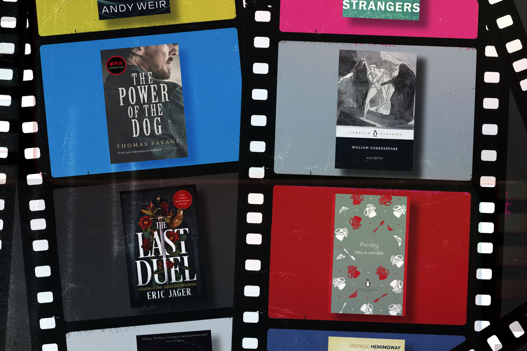 Book covers against a film strip background