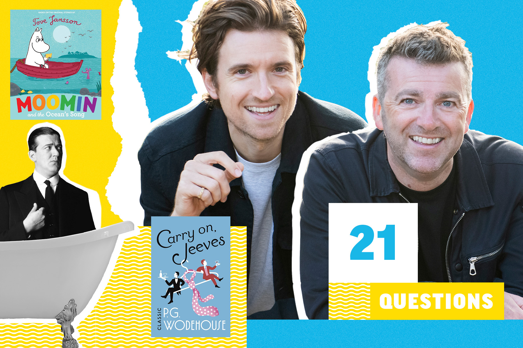 A photo of authors Greg James and Chris Smith on a blue and yellow, scrapbook type background with a picture Stephen Fry as Jeeves in a bathtub, in between Moomin book by Tove Jansson and Carry on Jeeves by P. G. Wodehouse