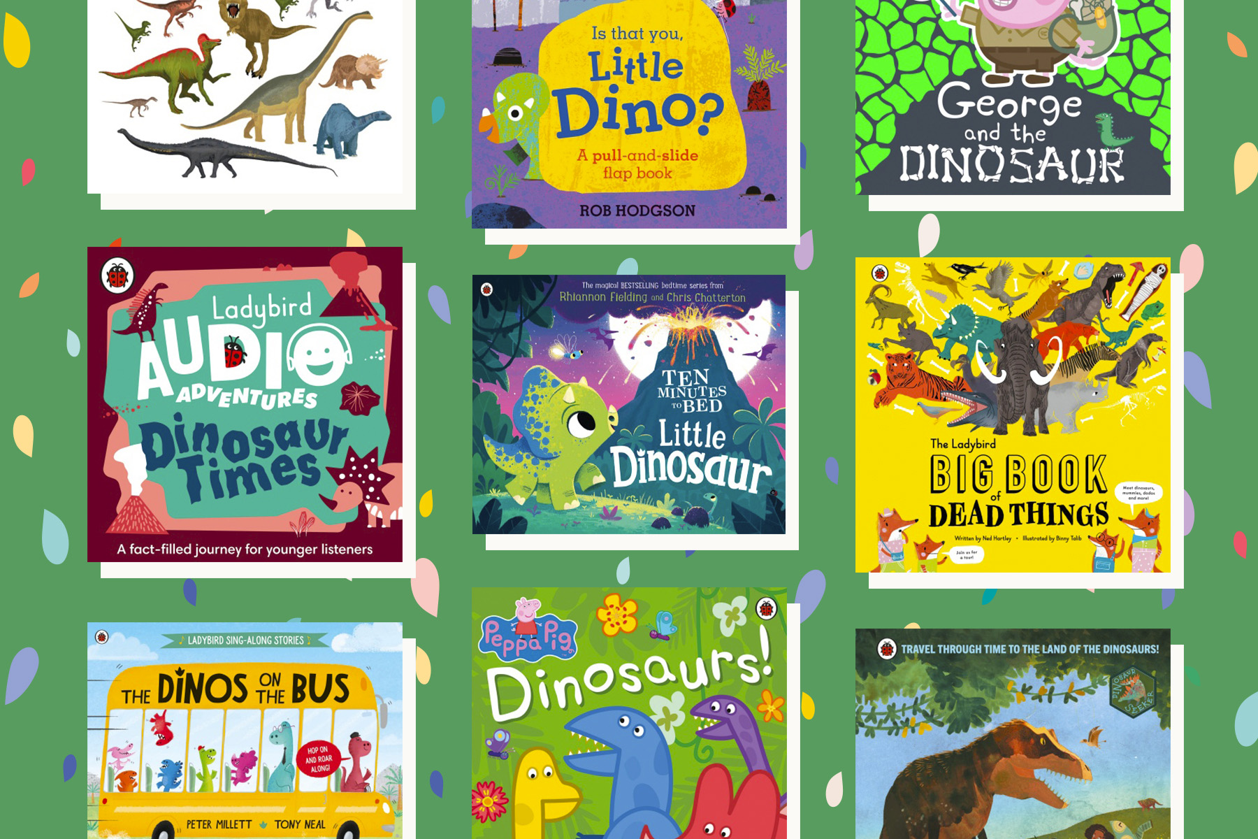 A picture of several dinosaur books on a bright green background with multicoloured teardrops