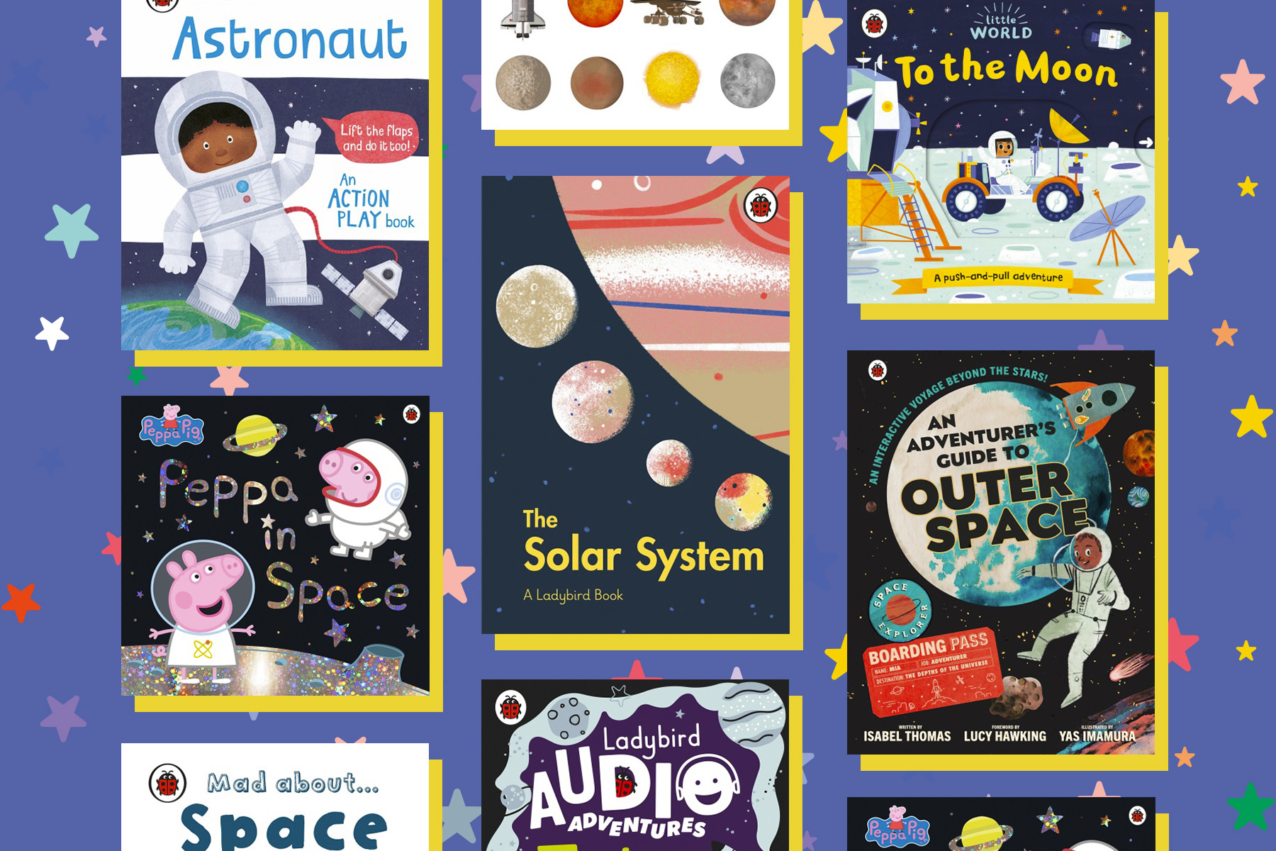 A picture of several different Ladybird books about space on a dark blue background with colourful stars