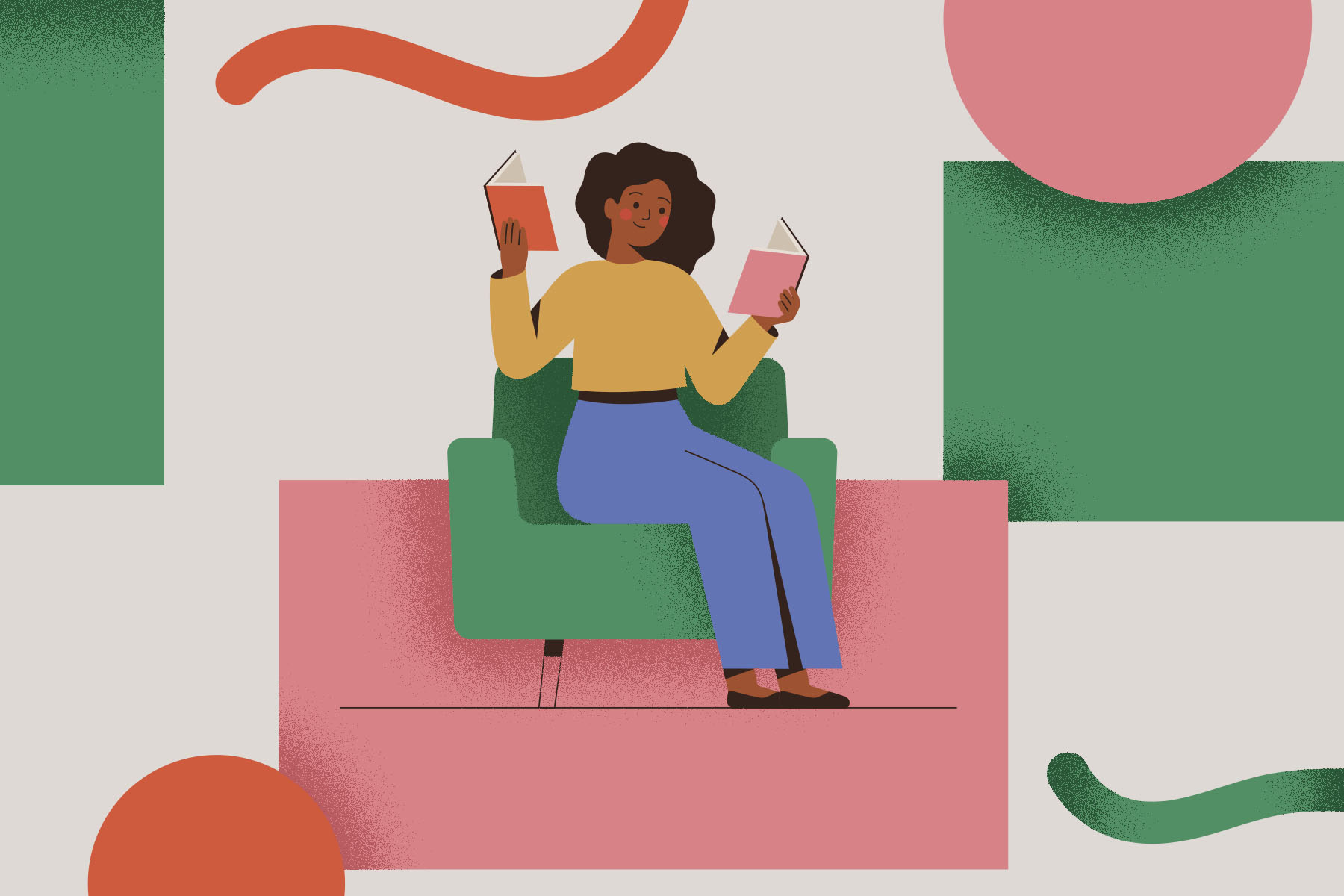 An illustration of a woman sat on a green armchair on a pink rug reading two books