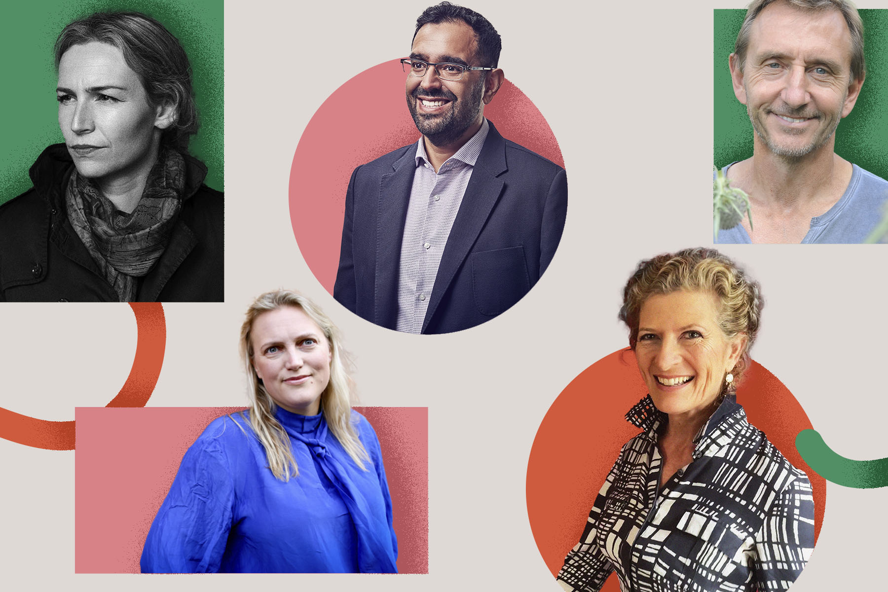 Penguin authors Mary Ann Sieghart, Azeem Azhar and more against a beige background with pink circles, green squares and red squiggles.